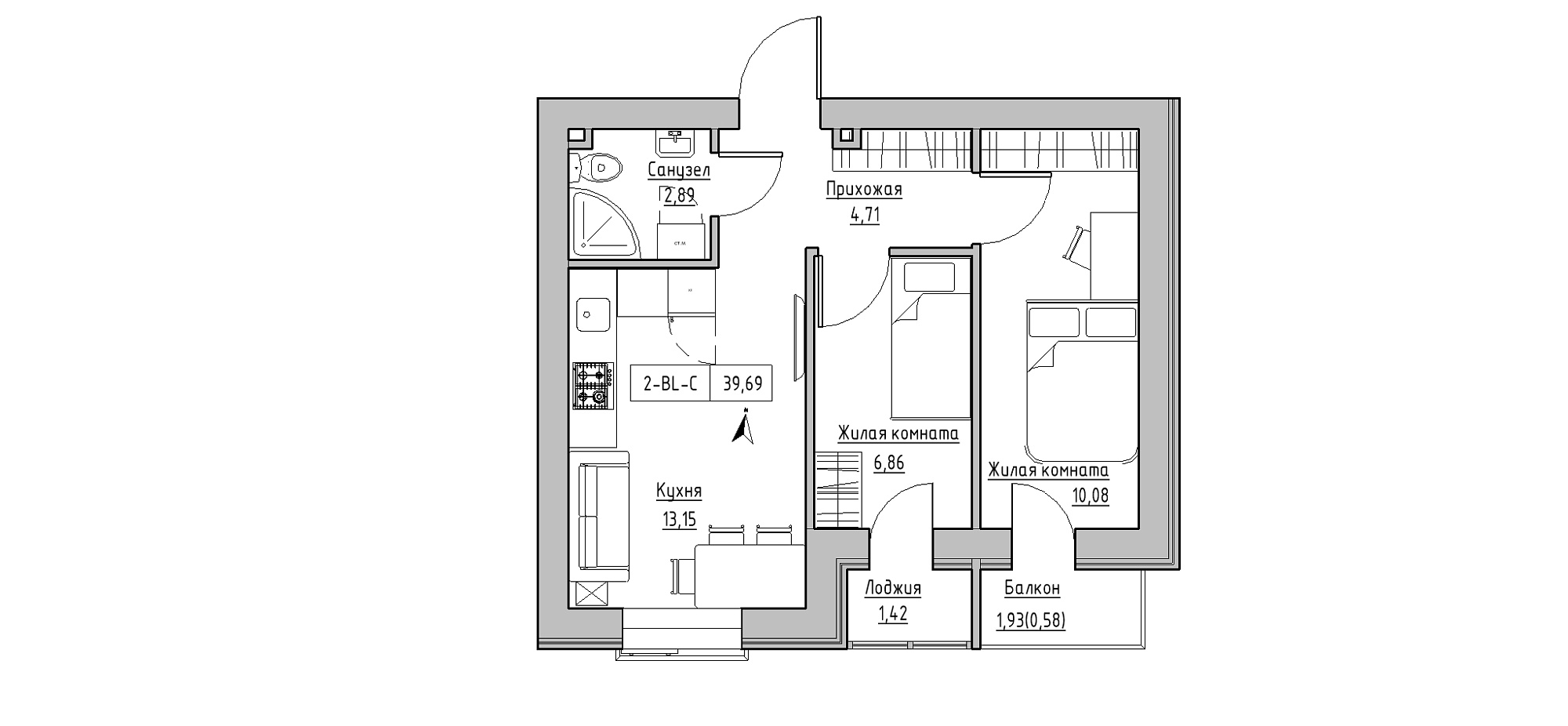 Планировка 2-к квартира площей 39.69м2, KS-020-02/0005.