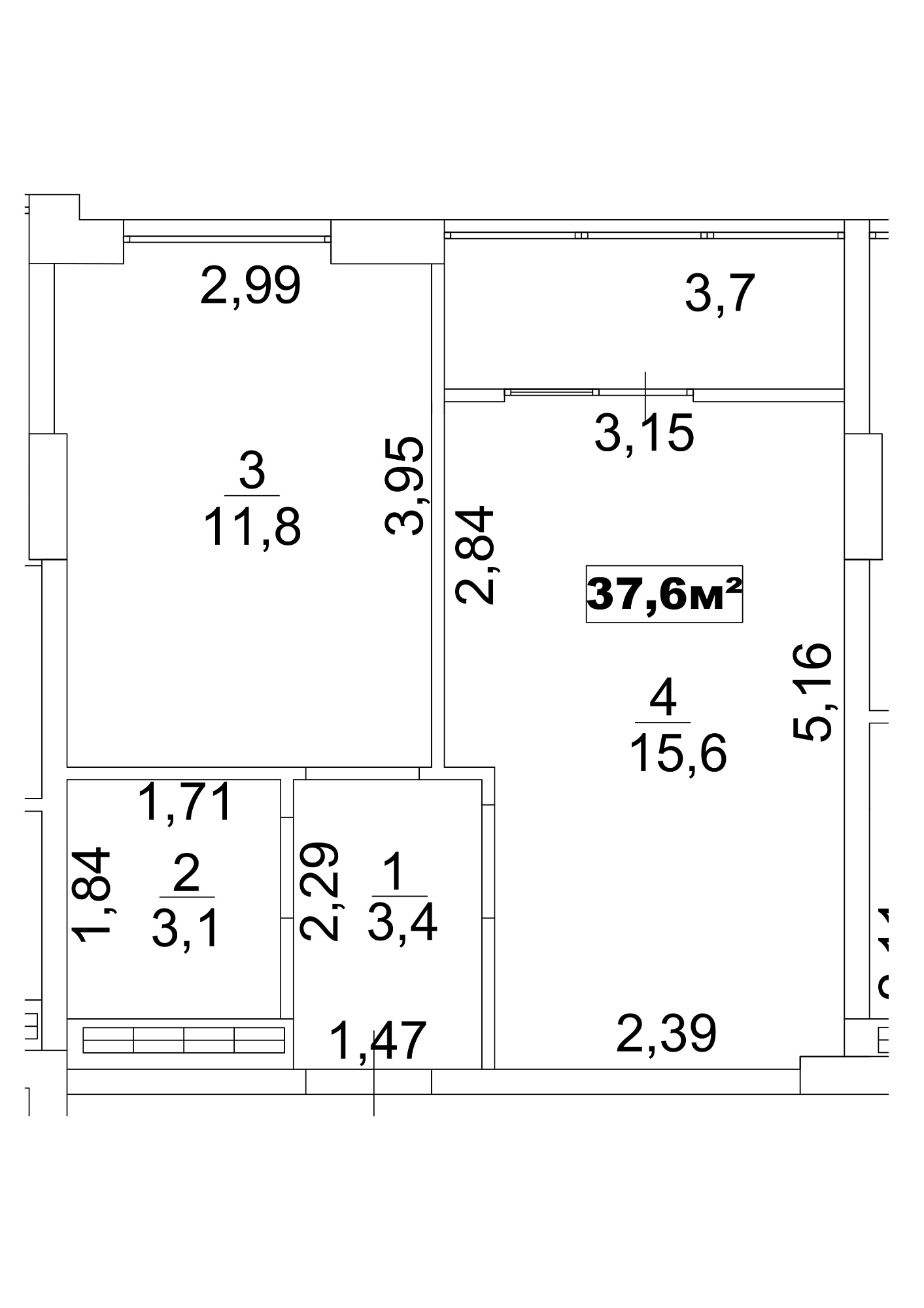 Планування 1-к квартира площею 37.6м2, AB-13-05/00039.