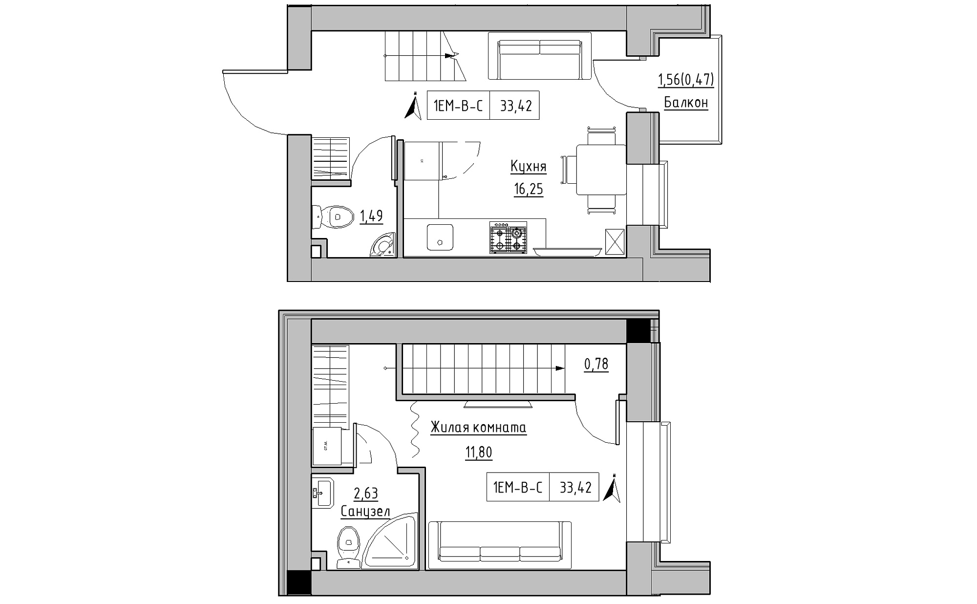 Planning 2-lvl flats area 33.42m2, KS-023-05/0006.