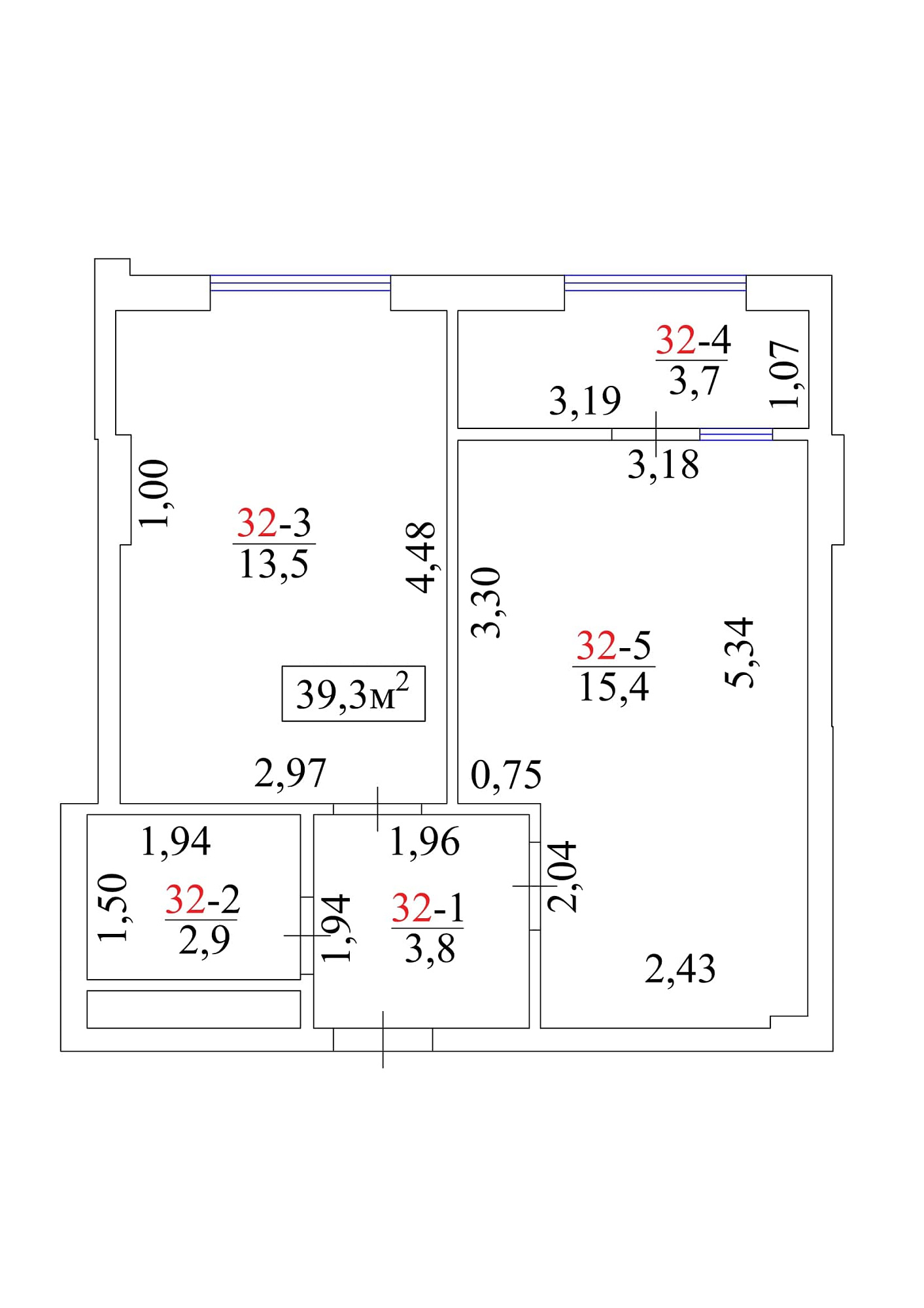 Планировка 1-к квартира площей 39.3м2, AB-01-04/00032.