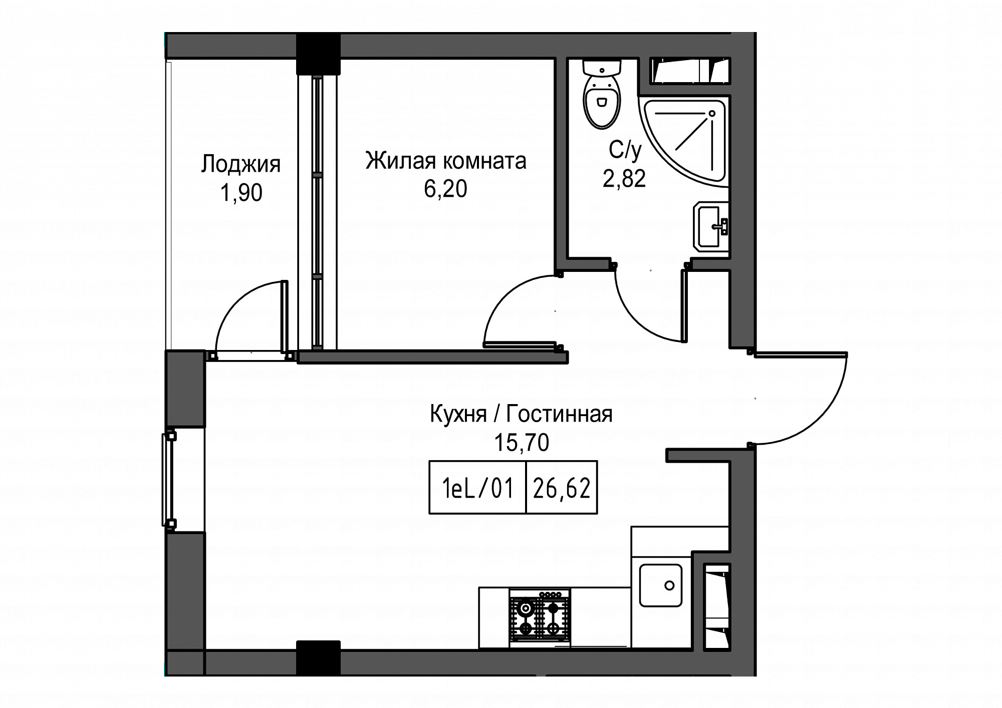 Планировка 1-к квартира площей 26.62м2, UM-002-02/0097.