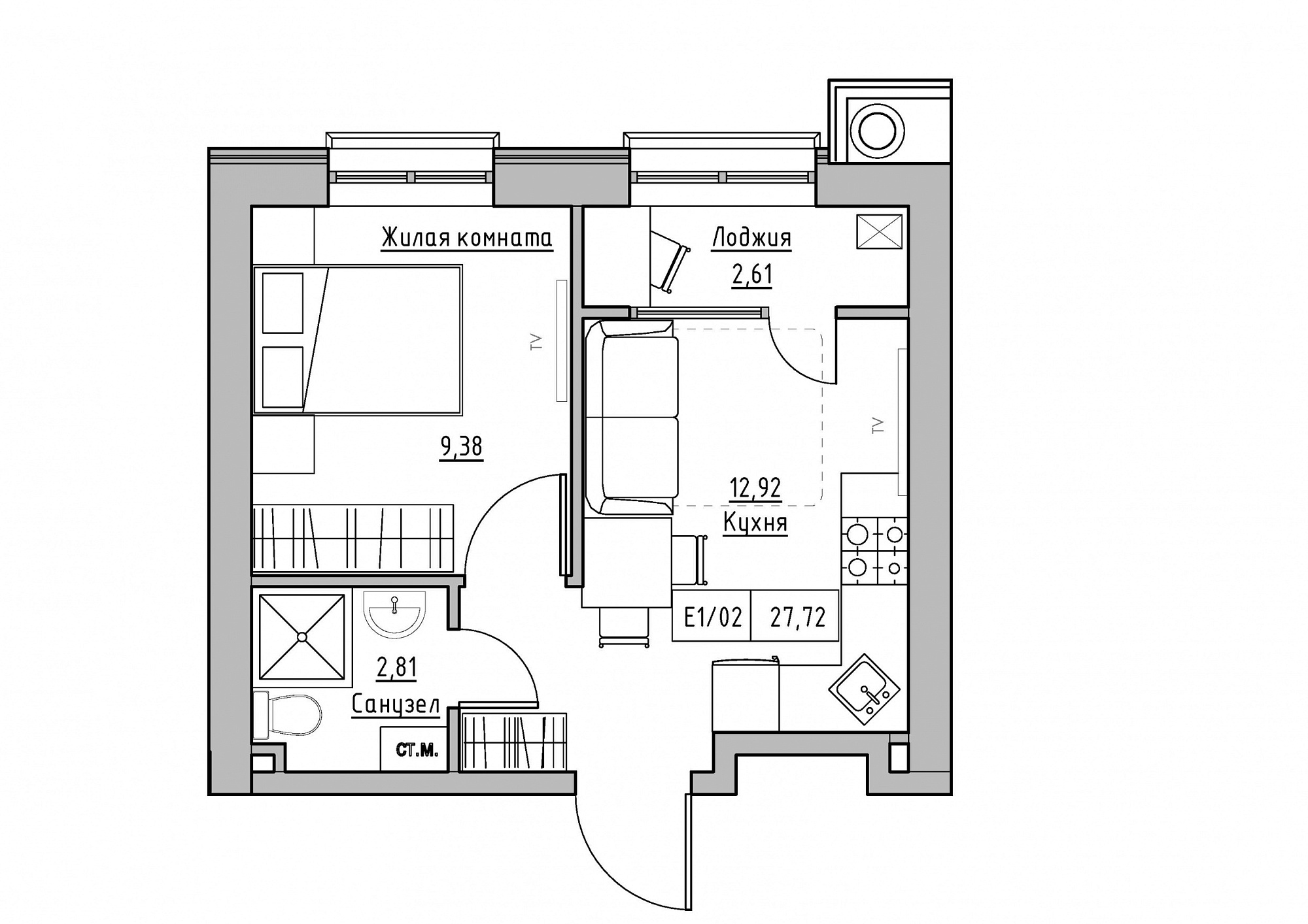 Планування 1-к квартира площею 27.72м2, KS-012-04/0001.