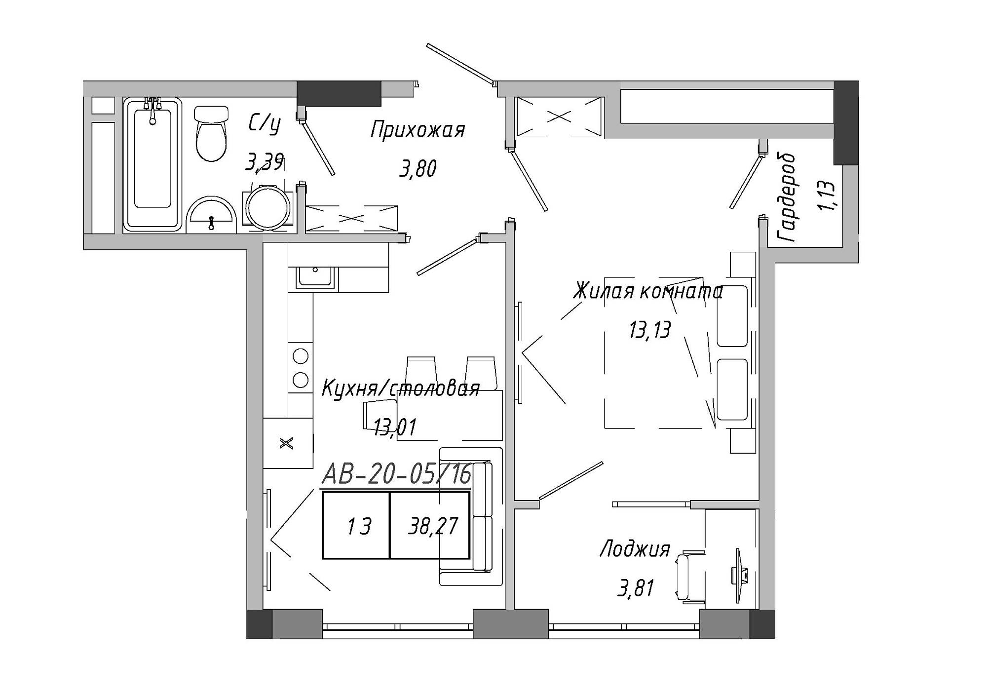 Планировка 1-к квартира площей 38.79м2, AB-20-05/00016.