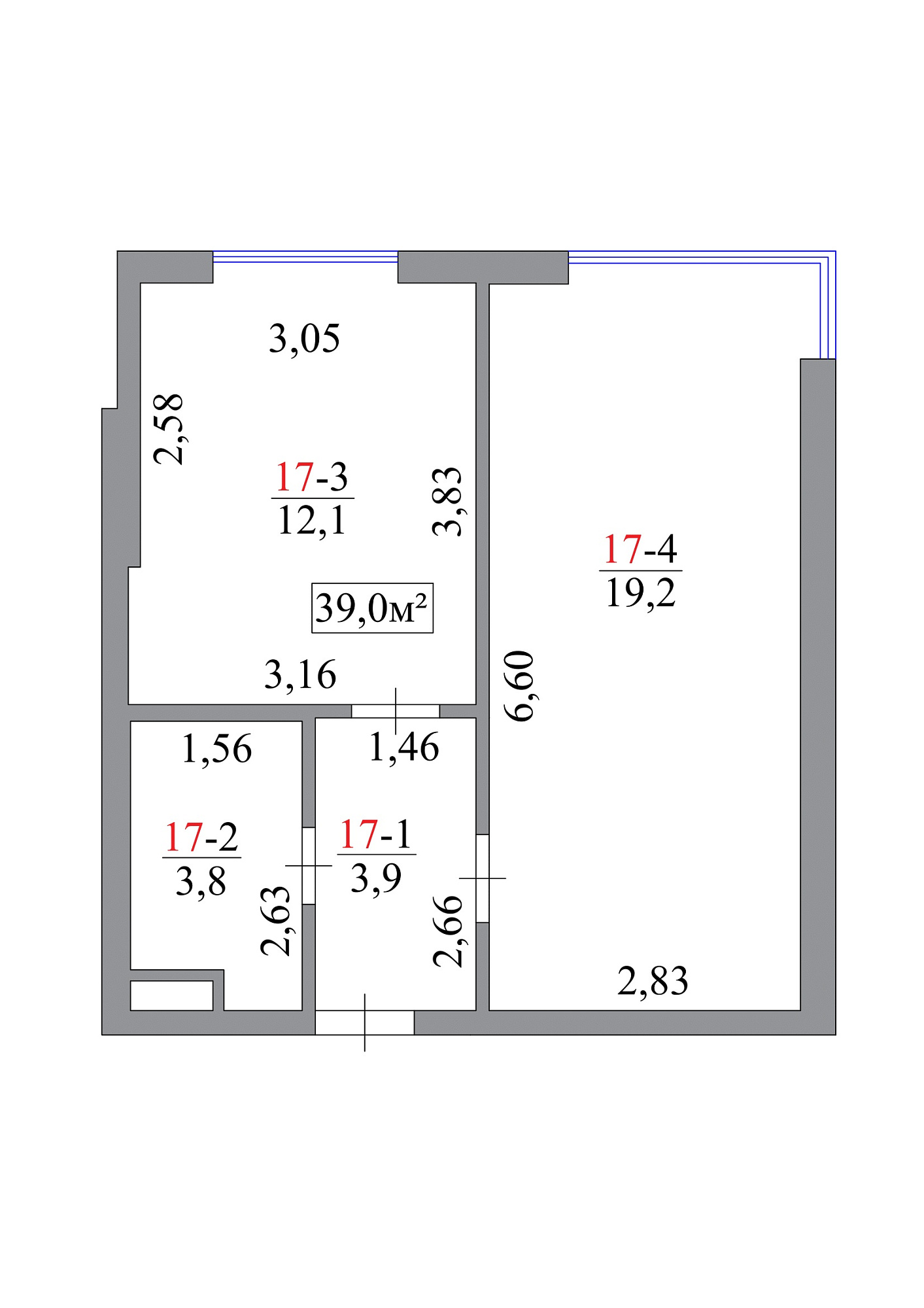 Планировка 1-к квартира площей 39м2, AB-07-02/0016а.