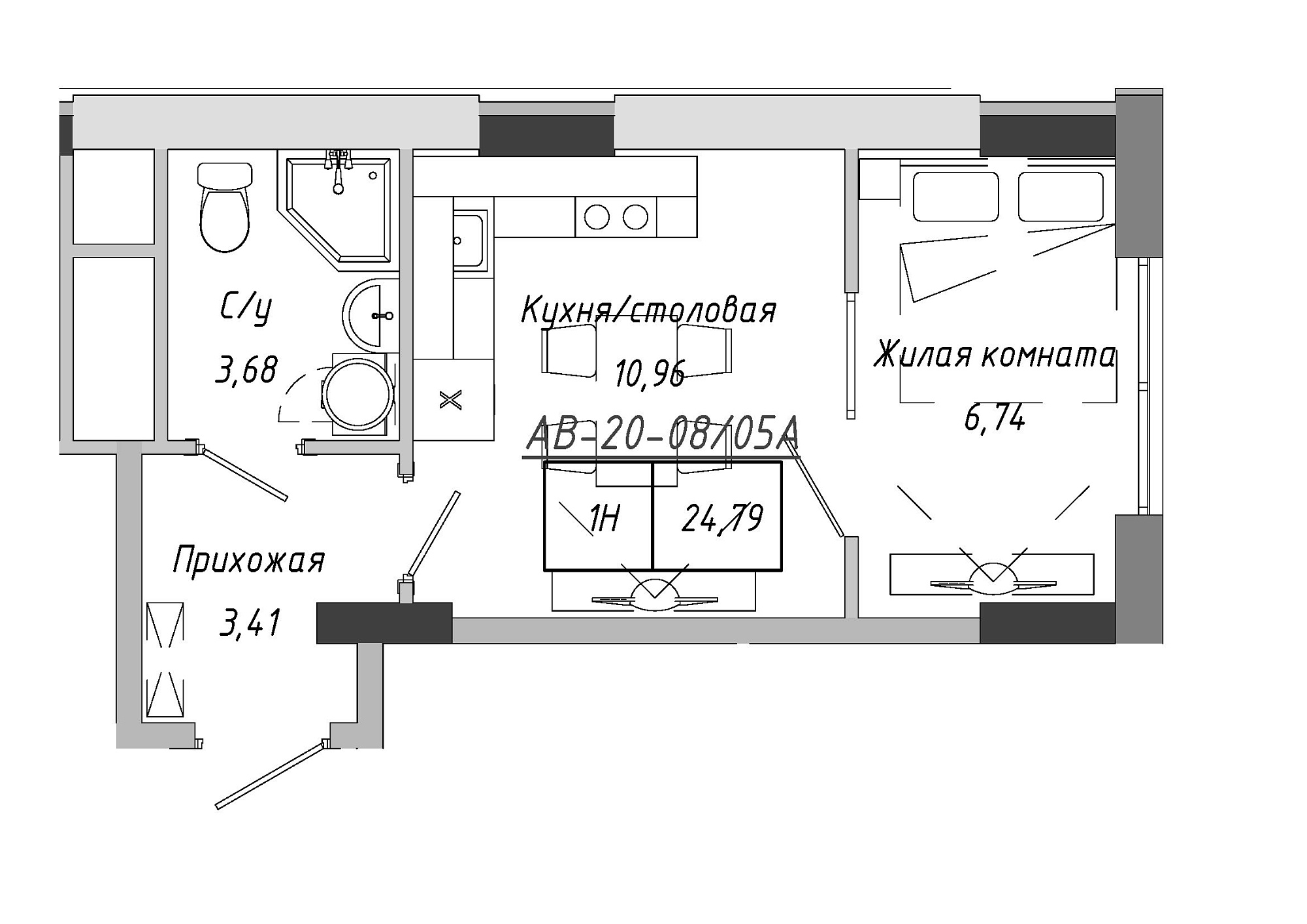 Planning 1-rm flats area 24.41m2, AB-20-08/0005а.
