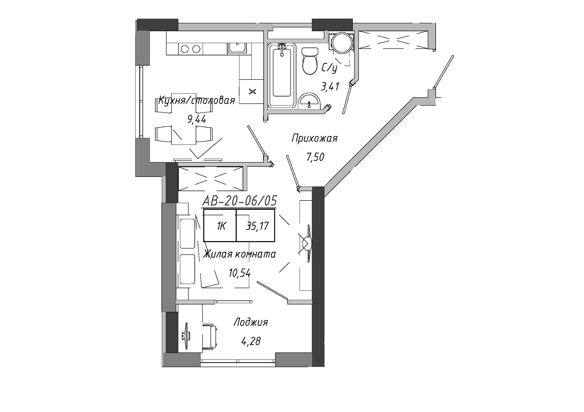 Планировка 1-к квартира площей 33.55м2, AB-20-06/00005.