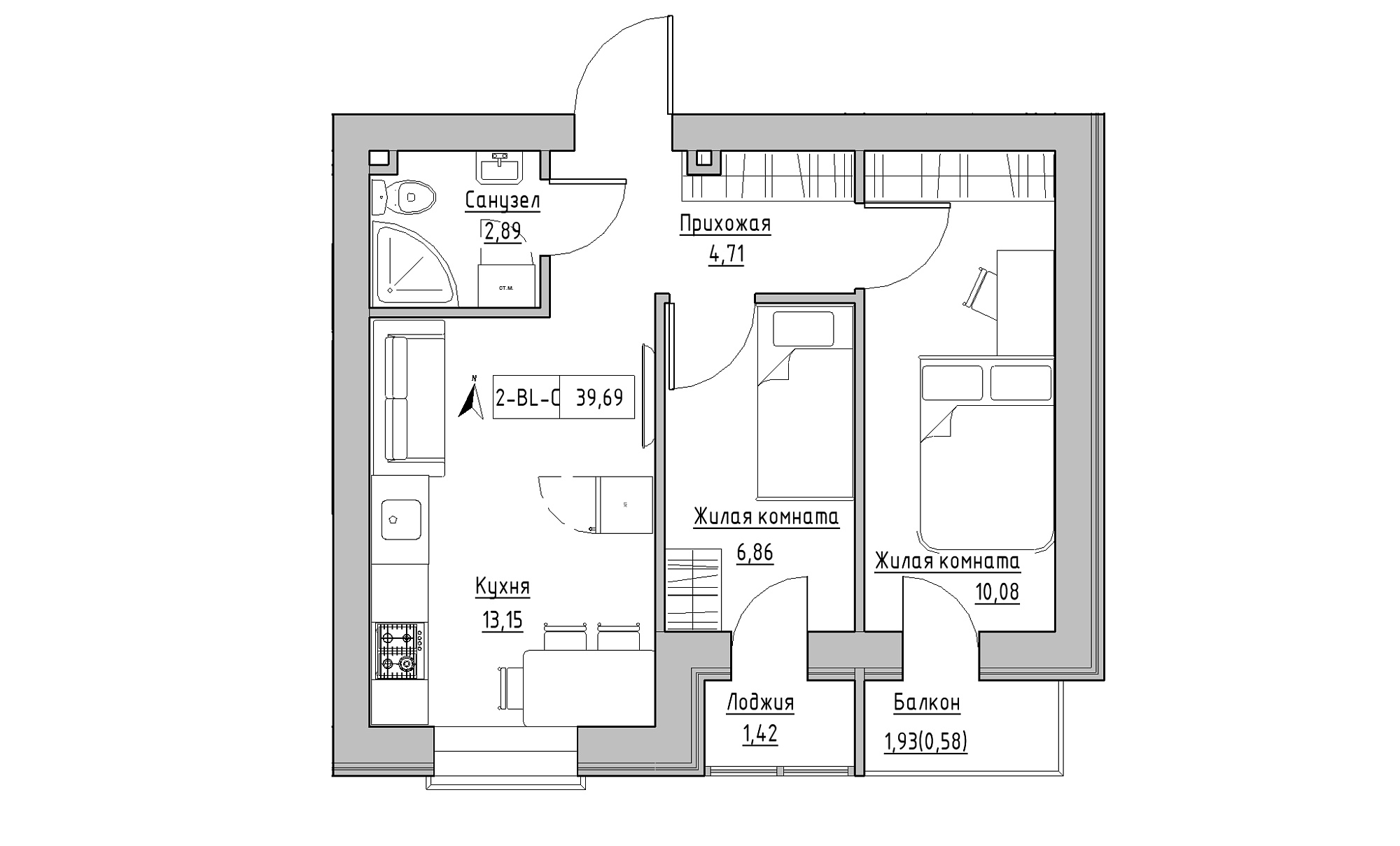 Планировка 2-к квартира площей 39.69м2, KS-016-02/0005.