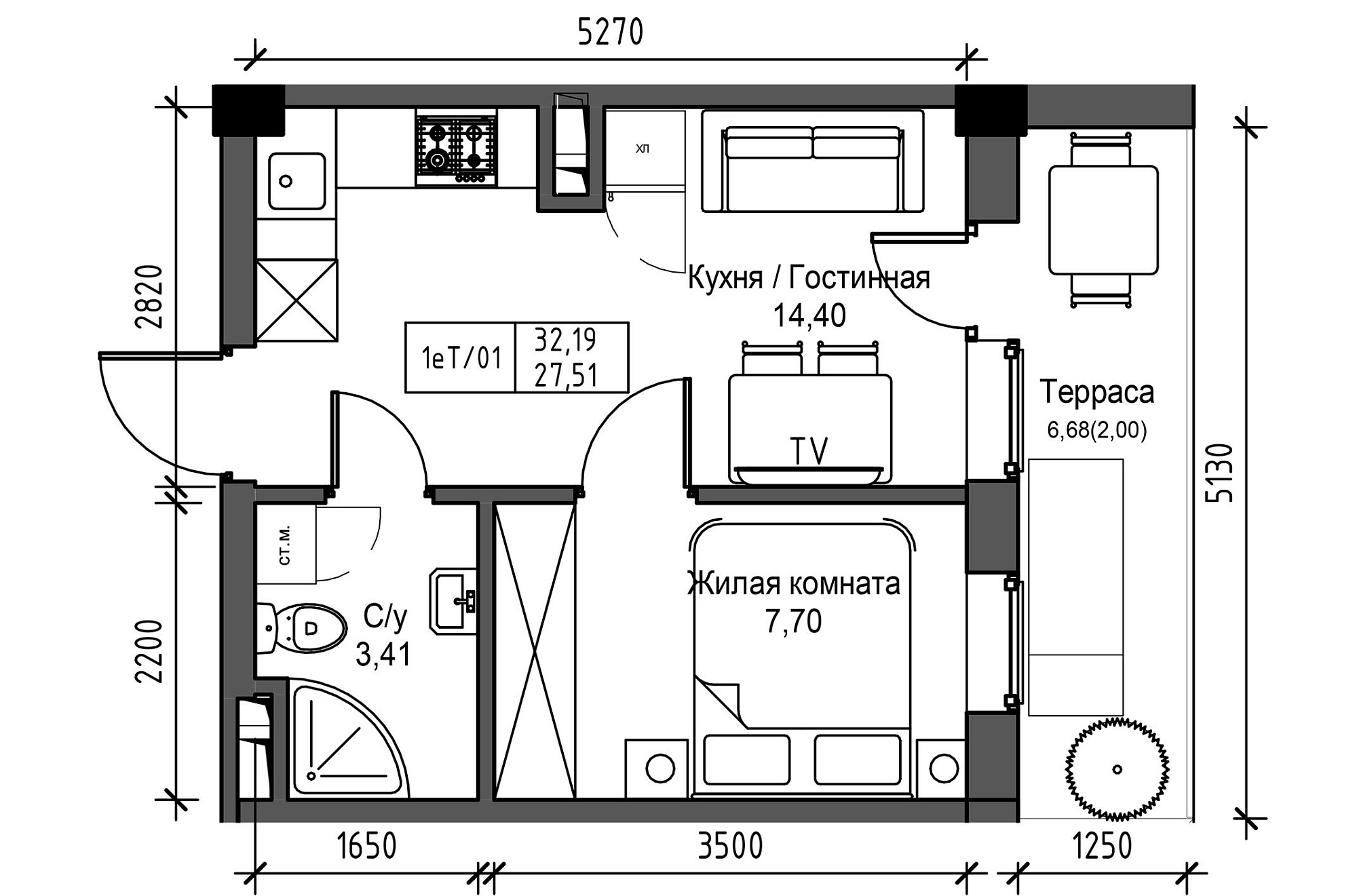Планування 1-к квартира площею 27.51м2, UM-003-05/0035.