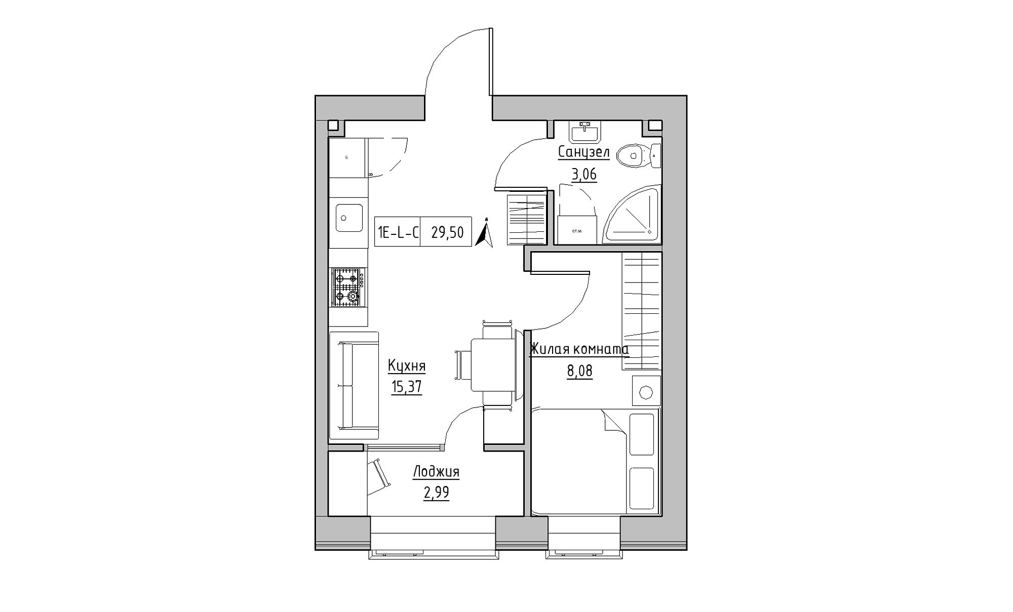 Планировка 1-к квартира площей 29.5м2, KS-016-02/0006.