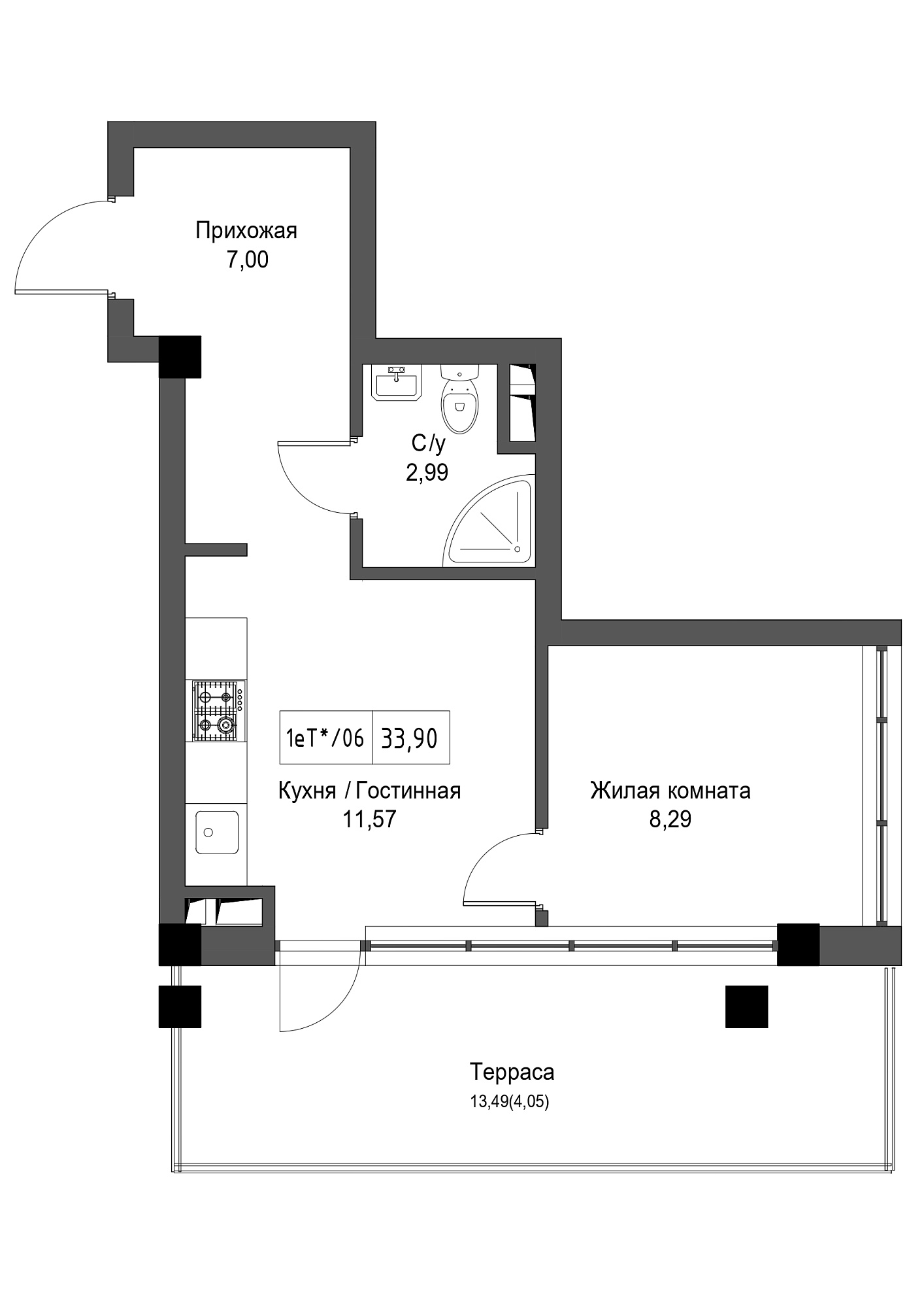Планировка 1-к квартира площей 33.9м2, UM-002-02/0093.