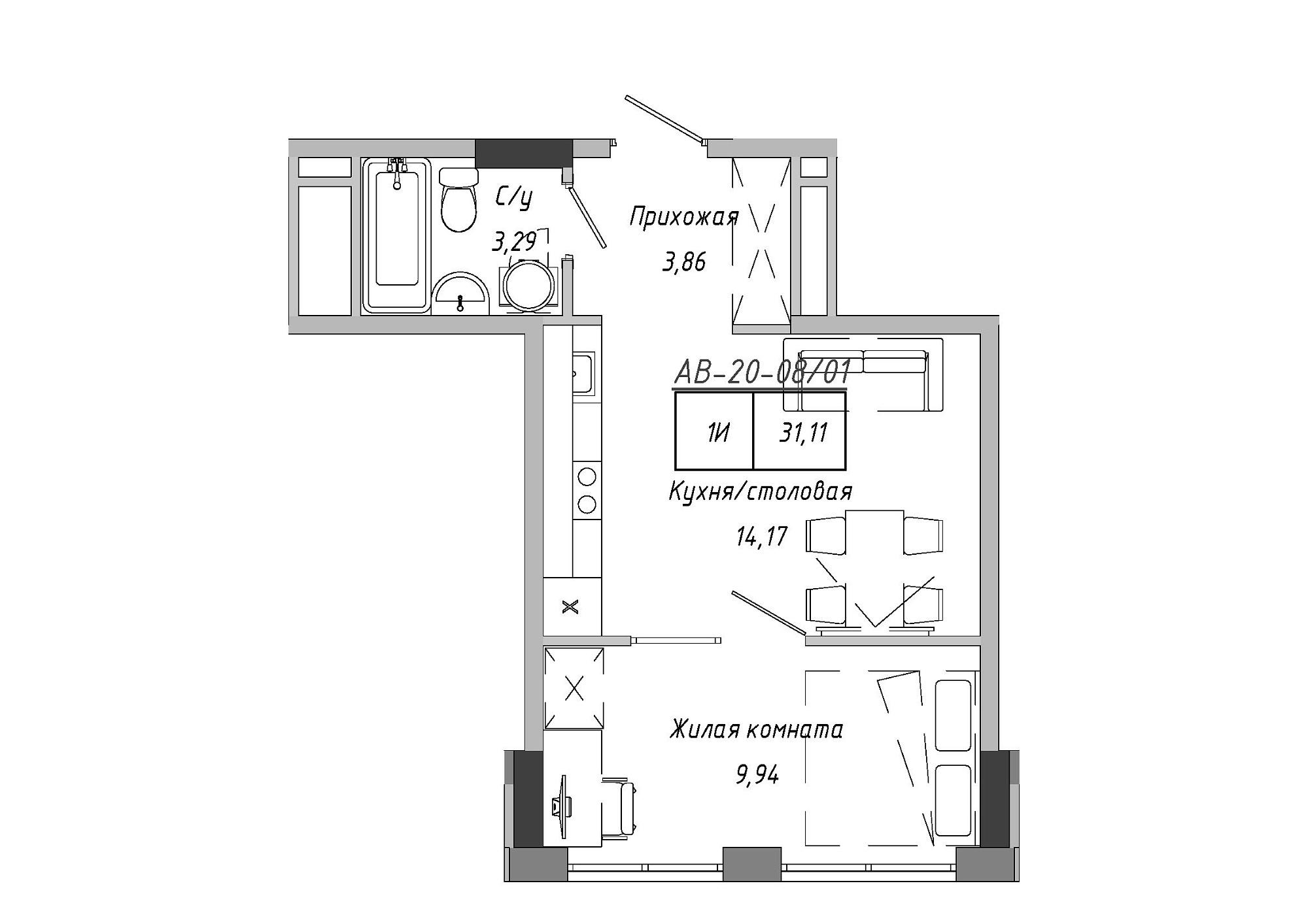 Планировка 1-к квартира площей 30.28м2, AB-20-08/00001.