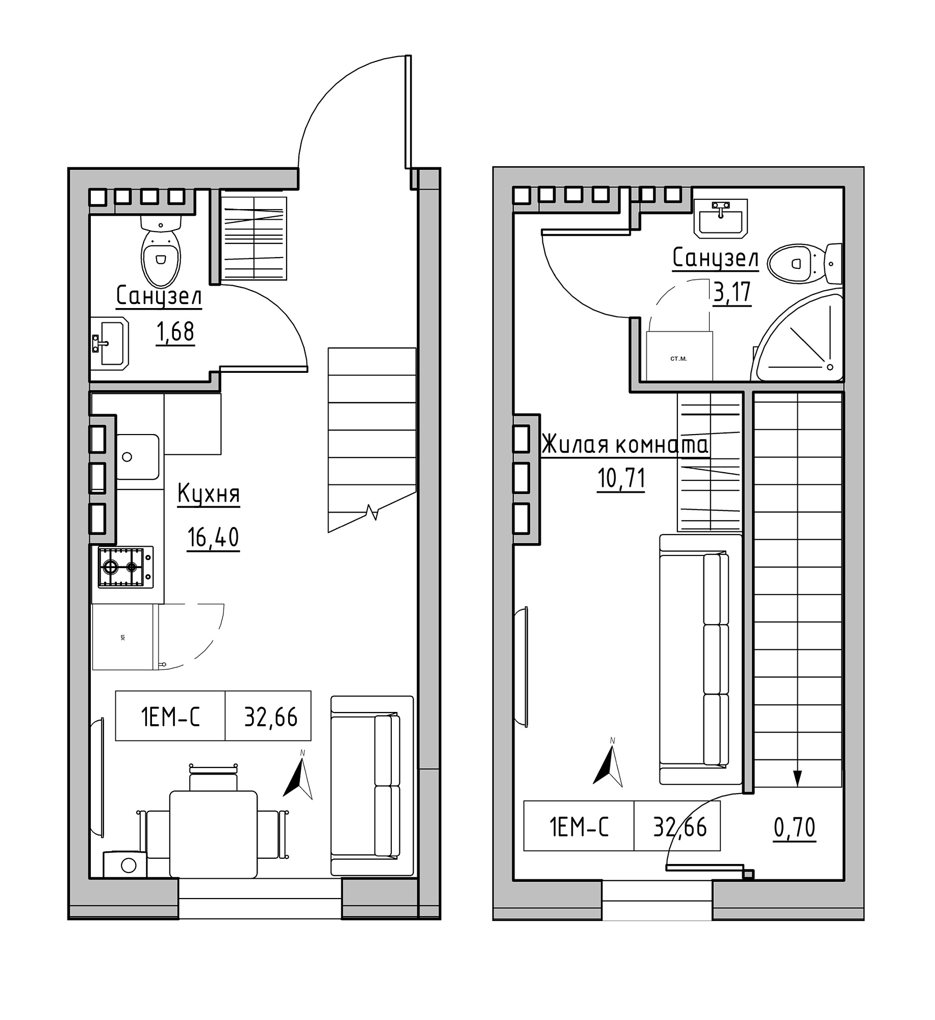 Planning 2-lvl flats area 32.66m2, KS-024-03/0006.