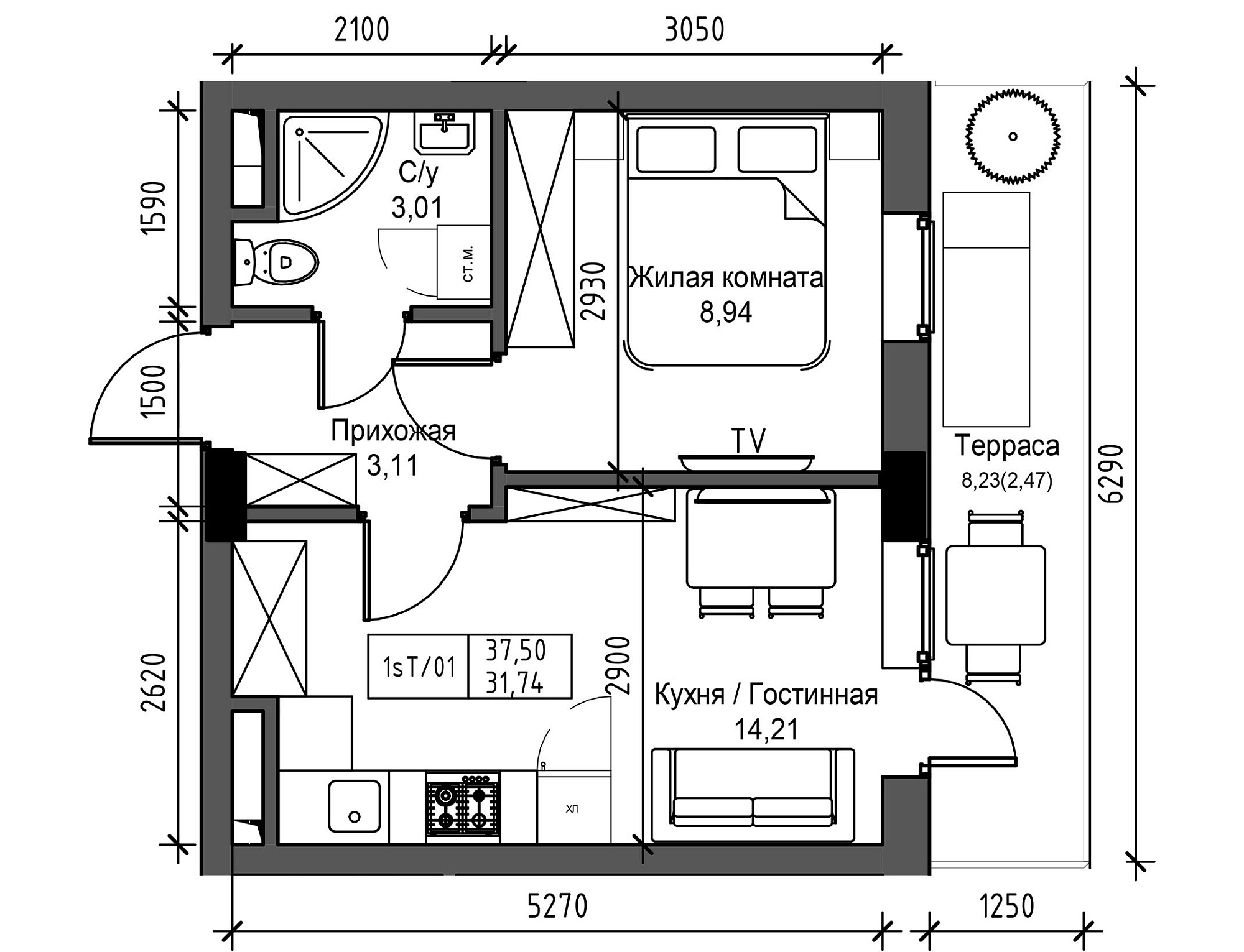 Планування 1-к квартира площею 31.74м2, UM-003-06/0055.