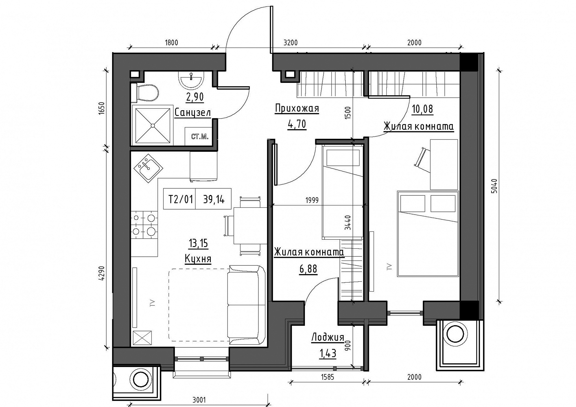 Planning 2-rm flats area 39.14m2, KS-012-01/0005.