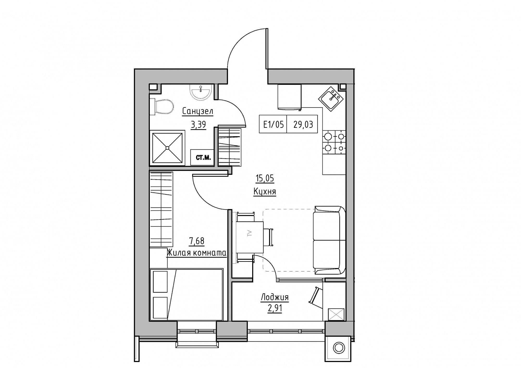 Планировка 1-к квартира площей 29.03м2, KS-012-03/0007.