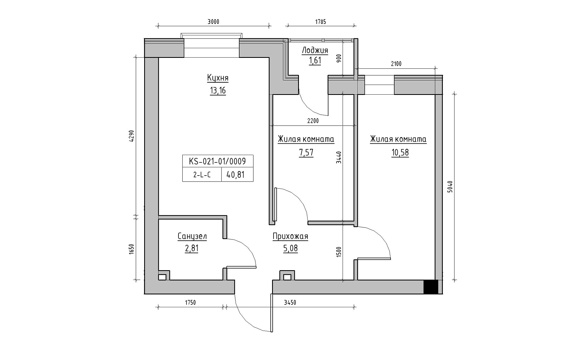 Planning 2-rm flats area 40.81m2, KS-021-01/0009.