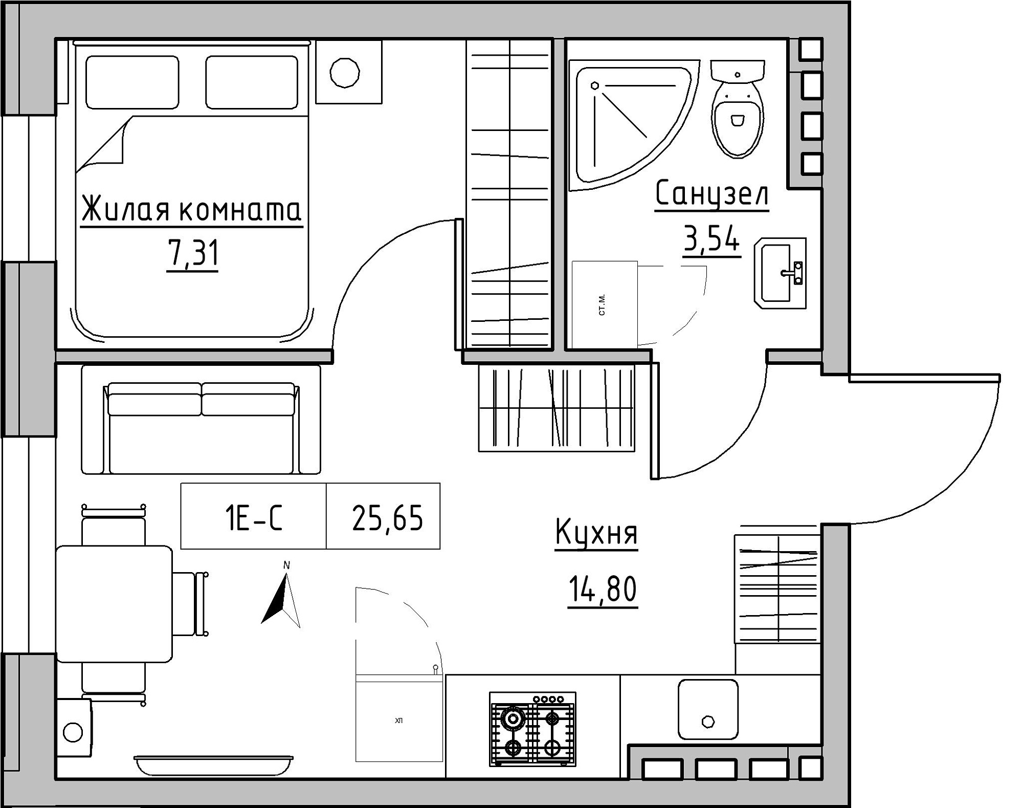 Планировка 1-к квартира площей 25.65м2, KS-024-03/0014.