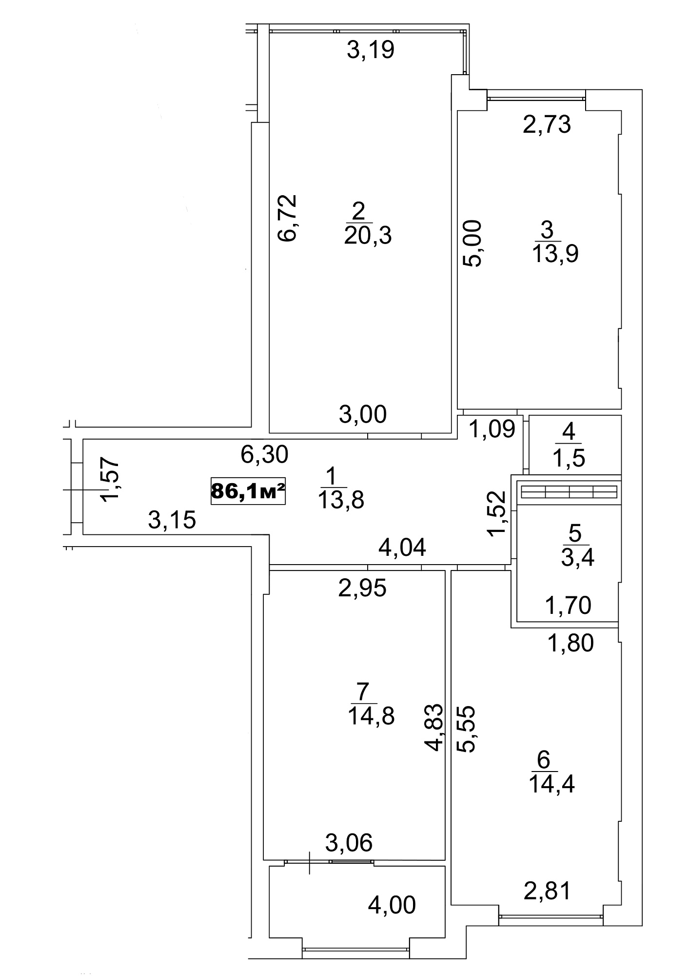 Планировка 3-к квартира площей 86.1м2, AB-13-02/00013.