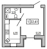 Планировка 1-к квартира площей 22.61м2, KS-01C-03/0012.