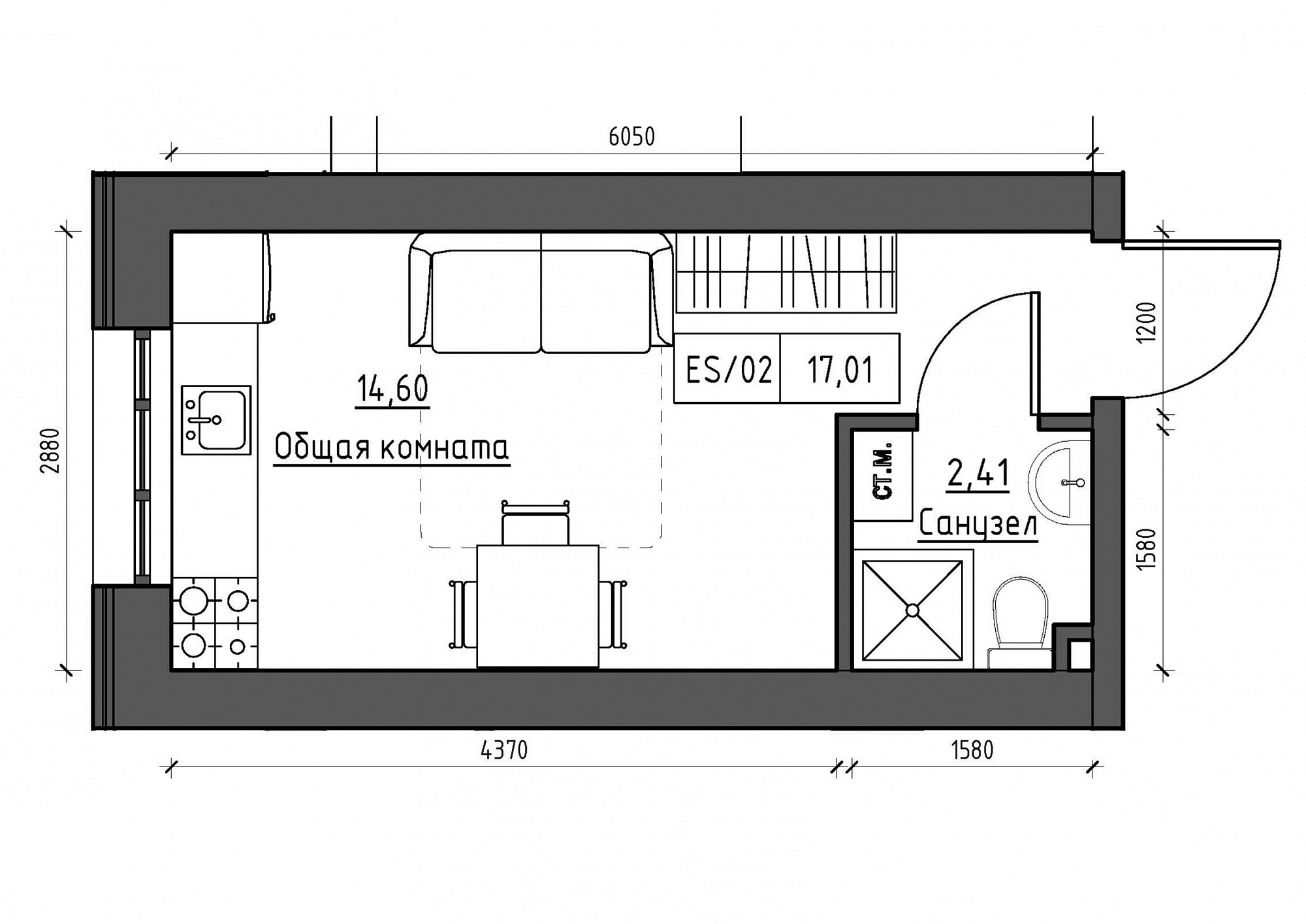Планування Smart-квартира площею 17.02м2, KS-011-04/0002.