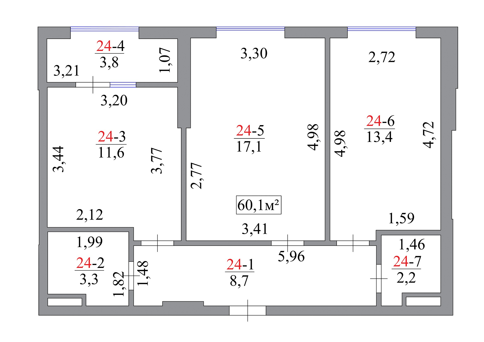 Планировка 2-к квартира площей 60.1м2, AB-07-03/00022.