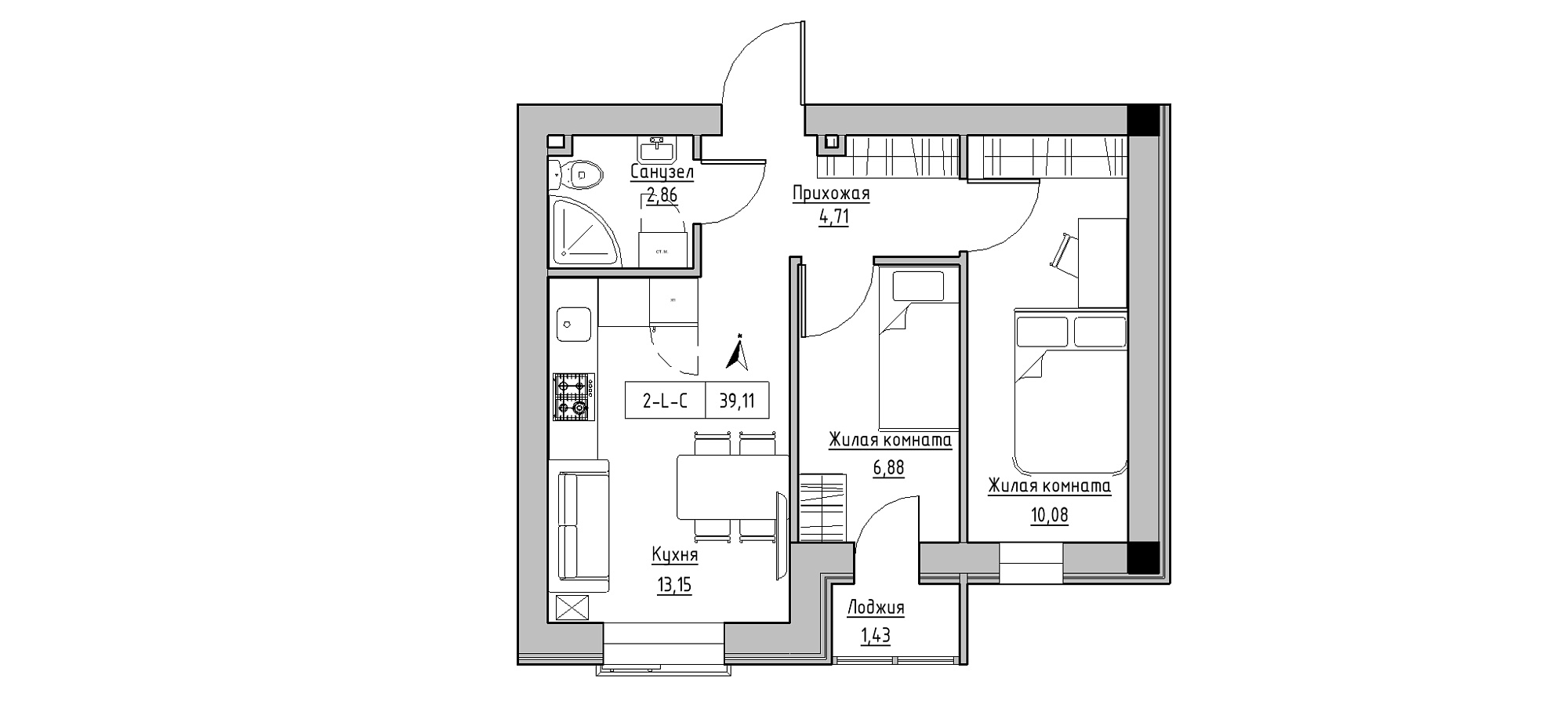 Планировка 2-к квартира площей 39.11м2, KS-020-01/0005.