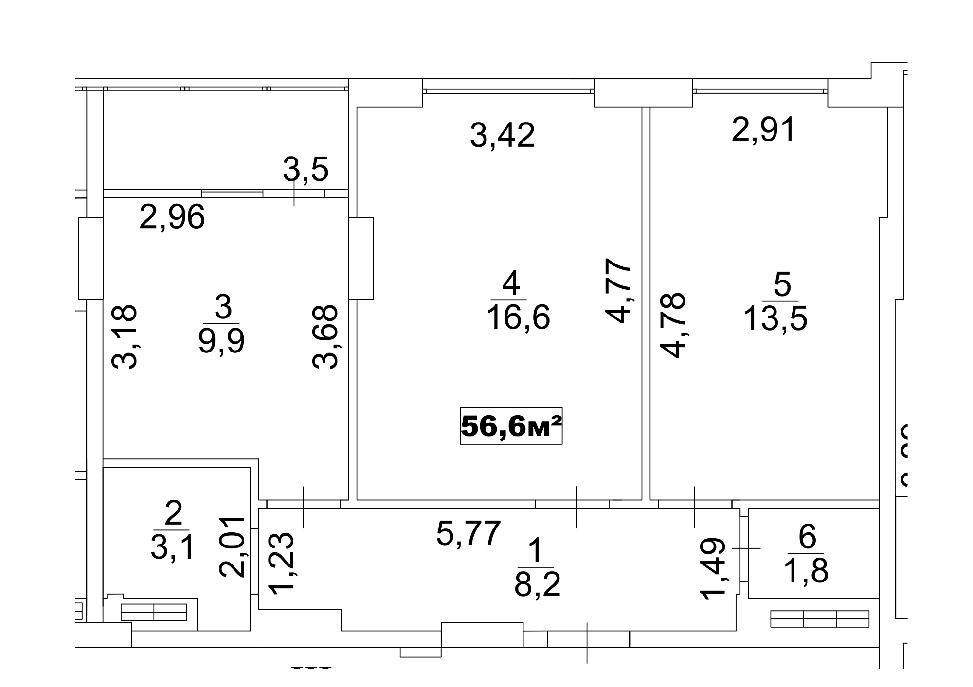 Планування 2-к квартира площею 56.6м2, AB-13-03/00019.