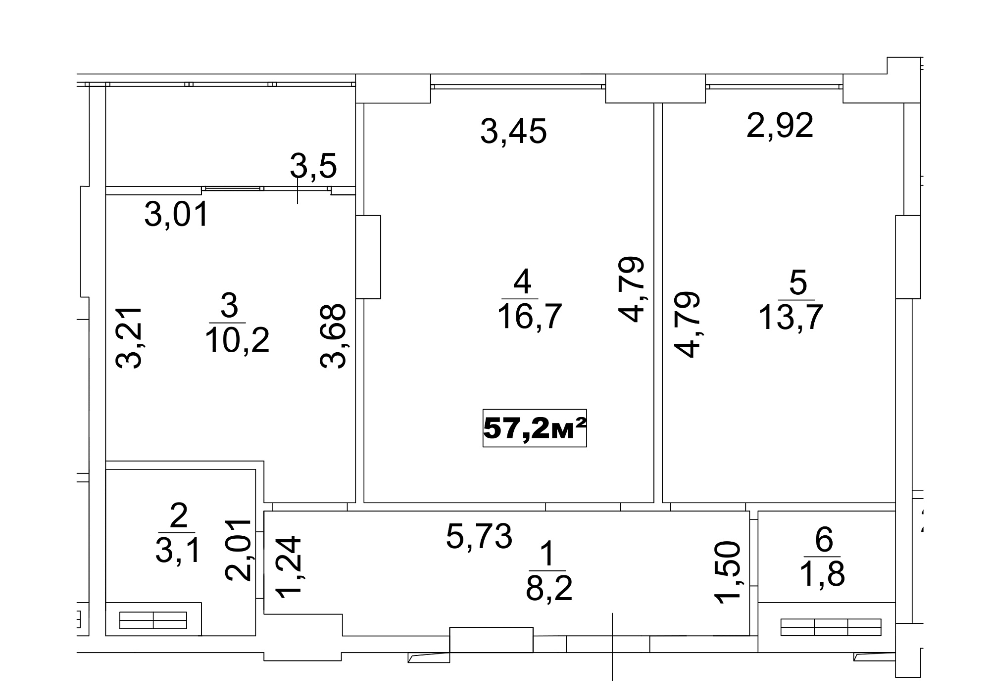 Планировка 2-к квартира площей 57.2м2, AB-13-08/00064.