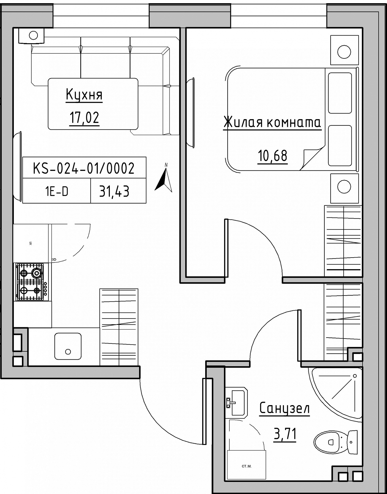 Planning 1-rm flats area 31.43m2, KS-024-01/0002.