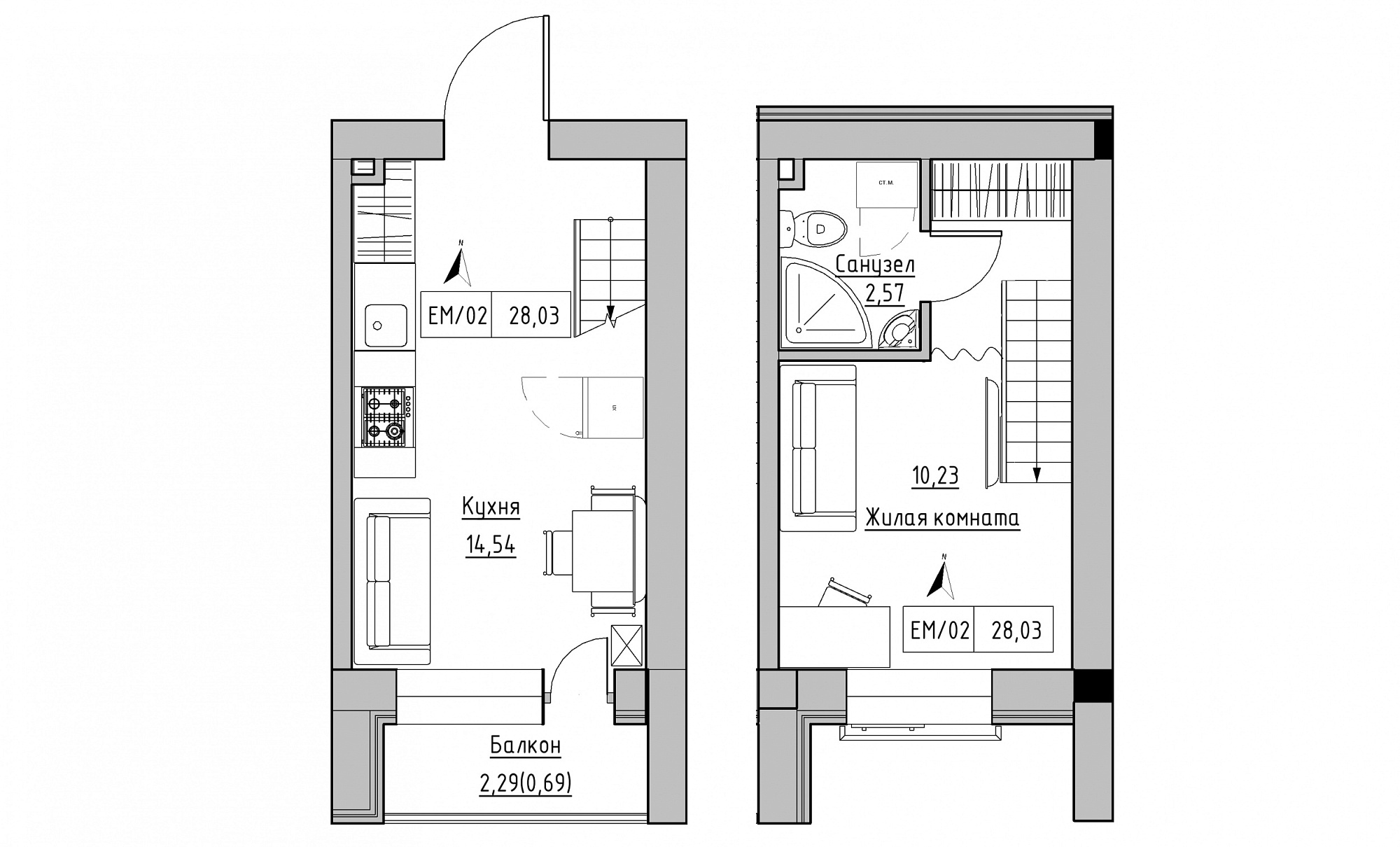 Planning 2-lvl flats area 28.03m2, KS-015-05/0009.