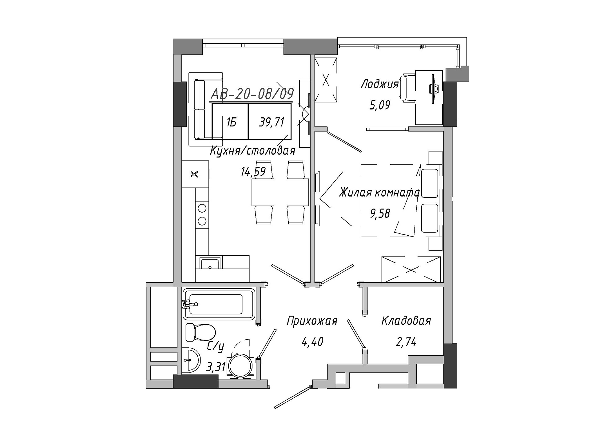 Планировка 1-к квартира площей 37.59м2, AB-20-08/00009.