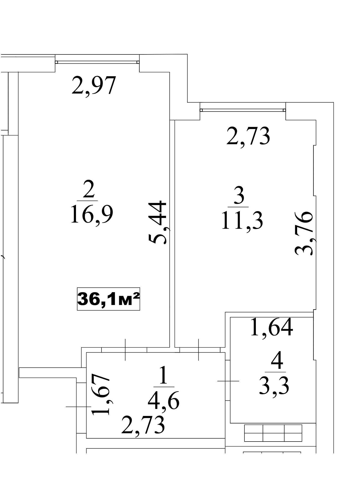 Планировка 1-к квартира площей 36.1м2, AB-10-03/0025б.