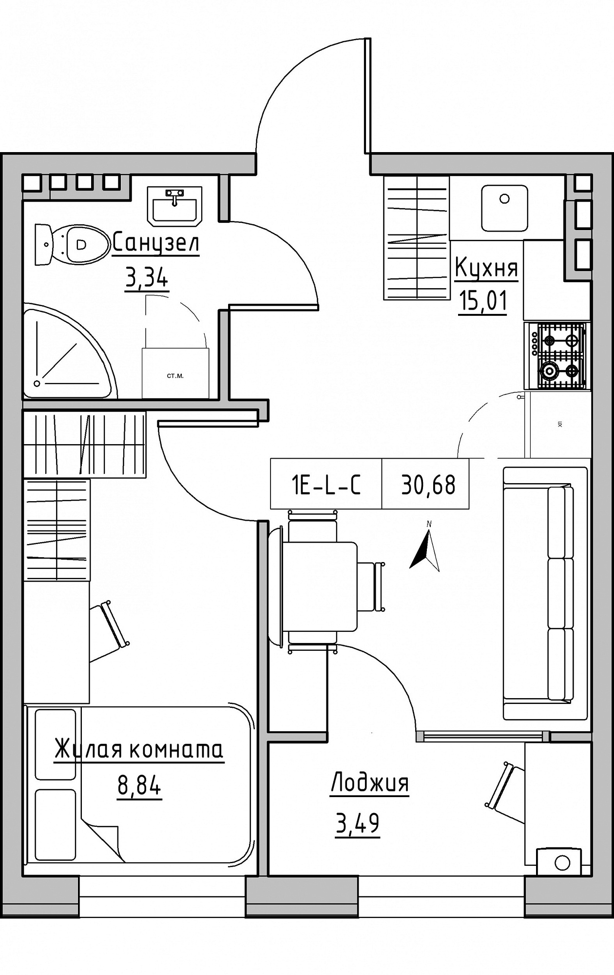 Планировка 1-к квартира площей 30.68м2, KS-024-03/0008.
