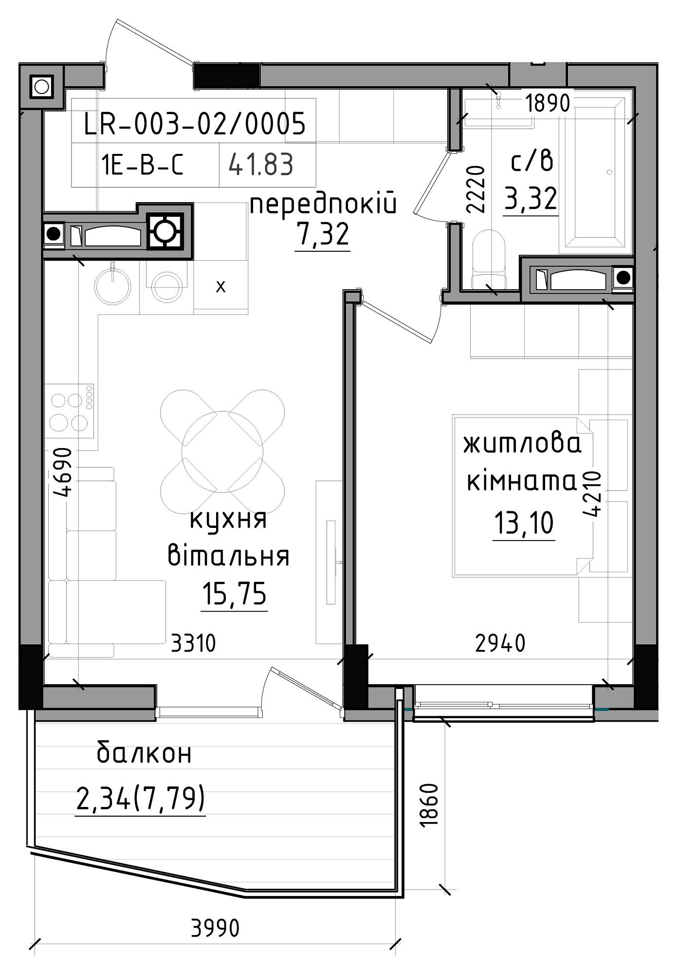 Planning 1-rm flats area 41.83m2, LR-003-02/0005.