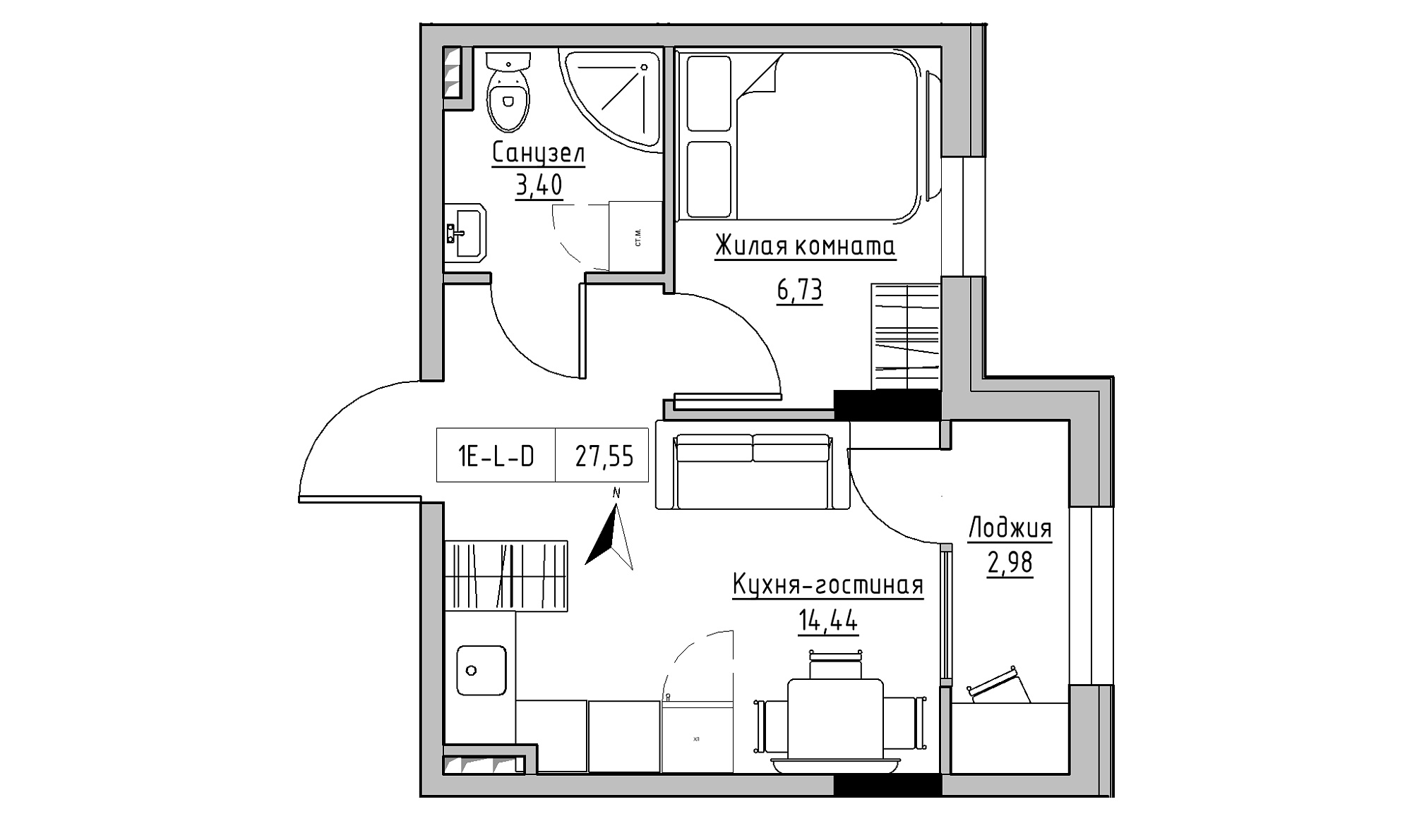 Планування 1-к квартира площею 27.55м2, KS-025-02/0001.