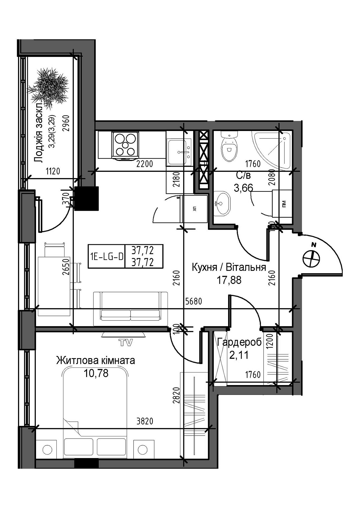 Планировка 1-к квартира площей 37.72м2, UM-007-03/0011.