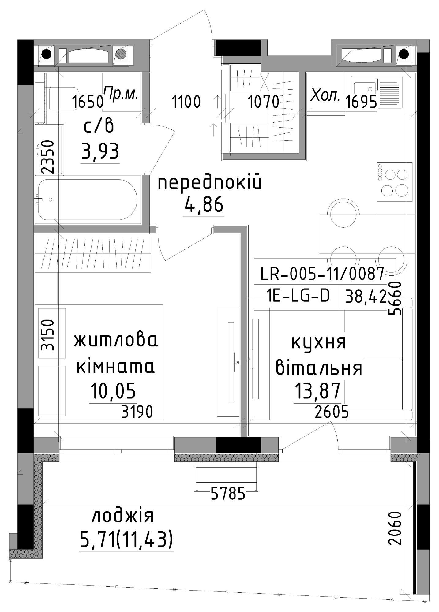 Планировка 1-к квартира площей 38.43м2, LR-005-11/0087.