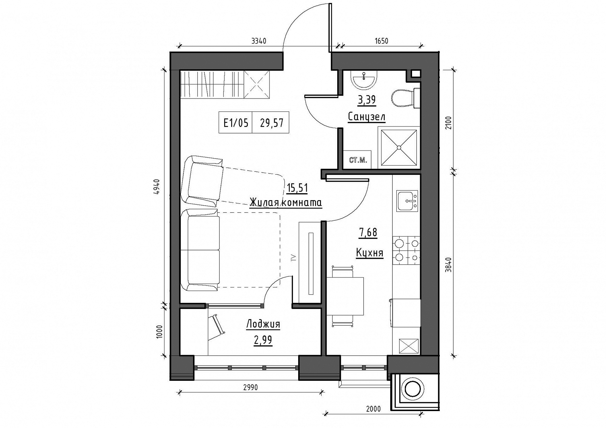 Планування 1-к квартира площею 29.57м2, KS-012-02/0006.