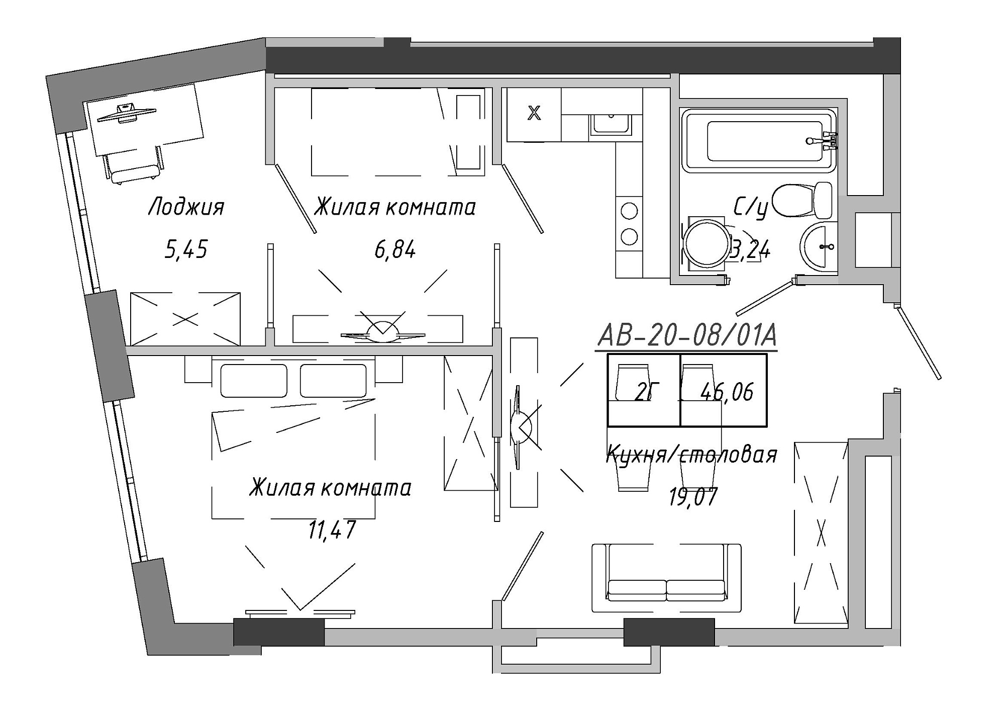 Planning 2-rm flats area 45.99m2, AB-20-08/0001а.