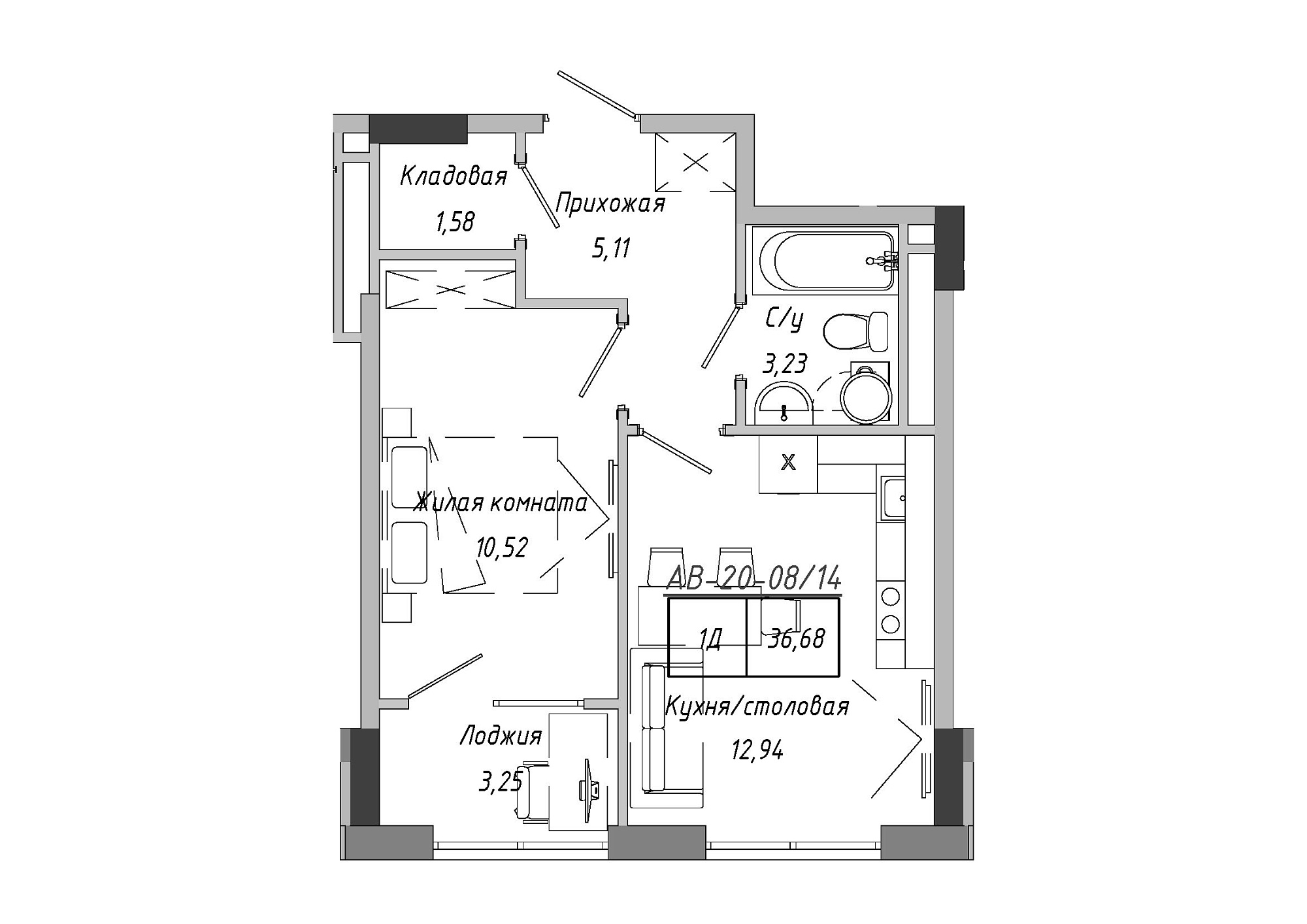 Планировка 1-к квартира площей 36.96м2, AB-20-08/00014.