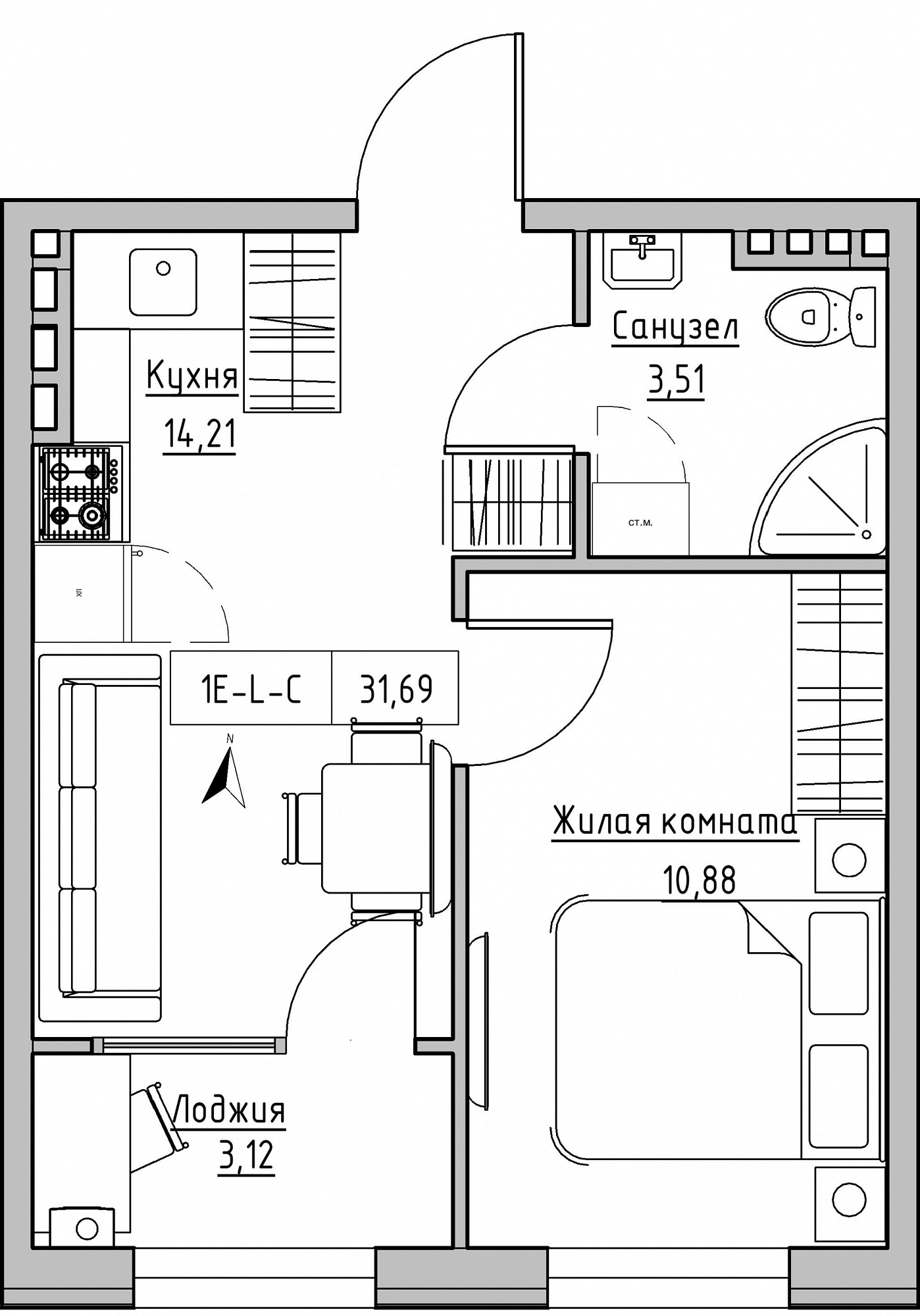 Планировка 1-к квартира площей 31.69м2, KS-024-03/0007.