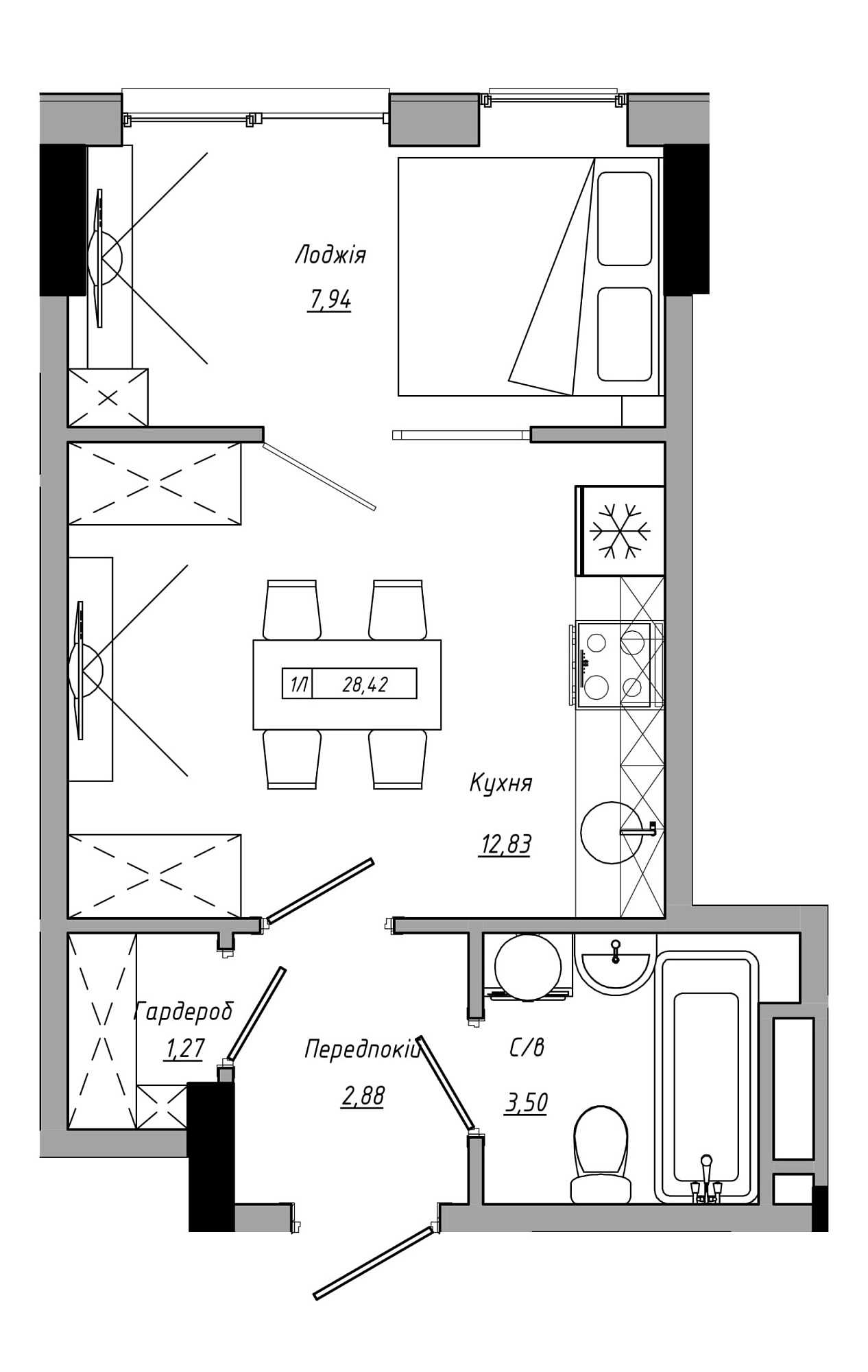 Планировка 1-к квартира площей 28.42м2, AB-21-06/00014.