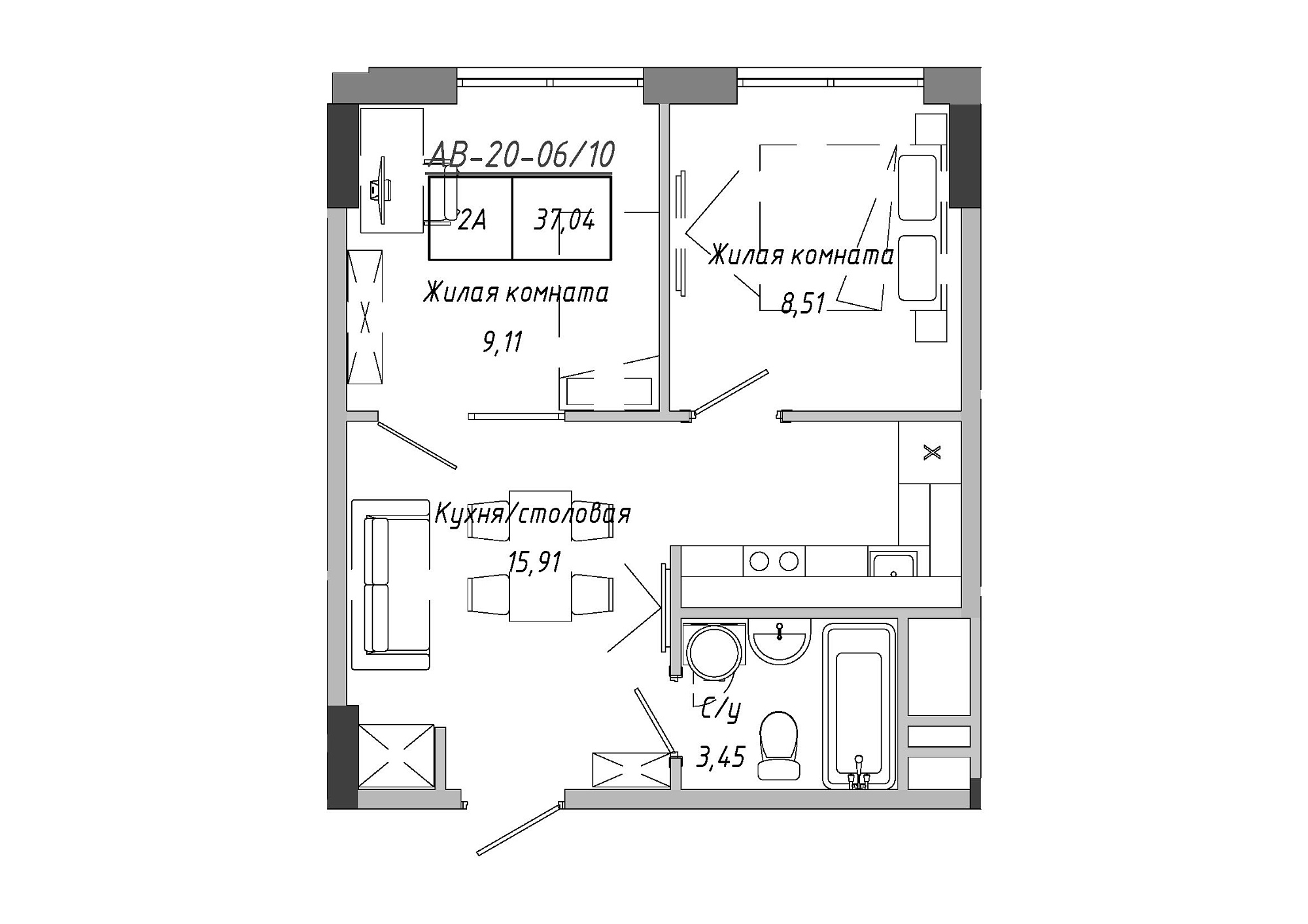 Планування 2-к квартира площею 37.15м2, AB-20-06/00010.