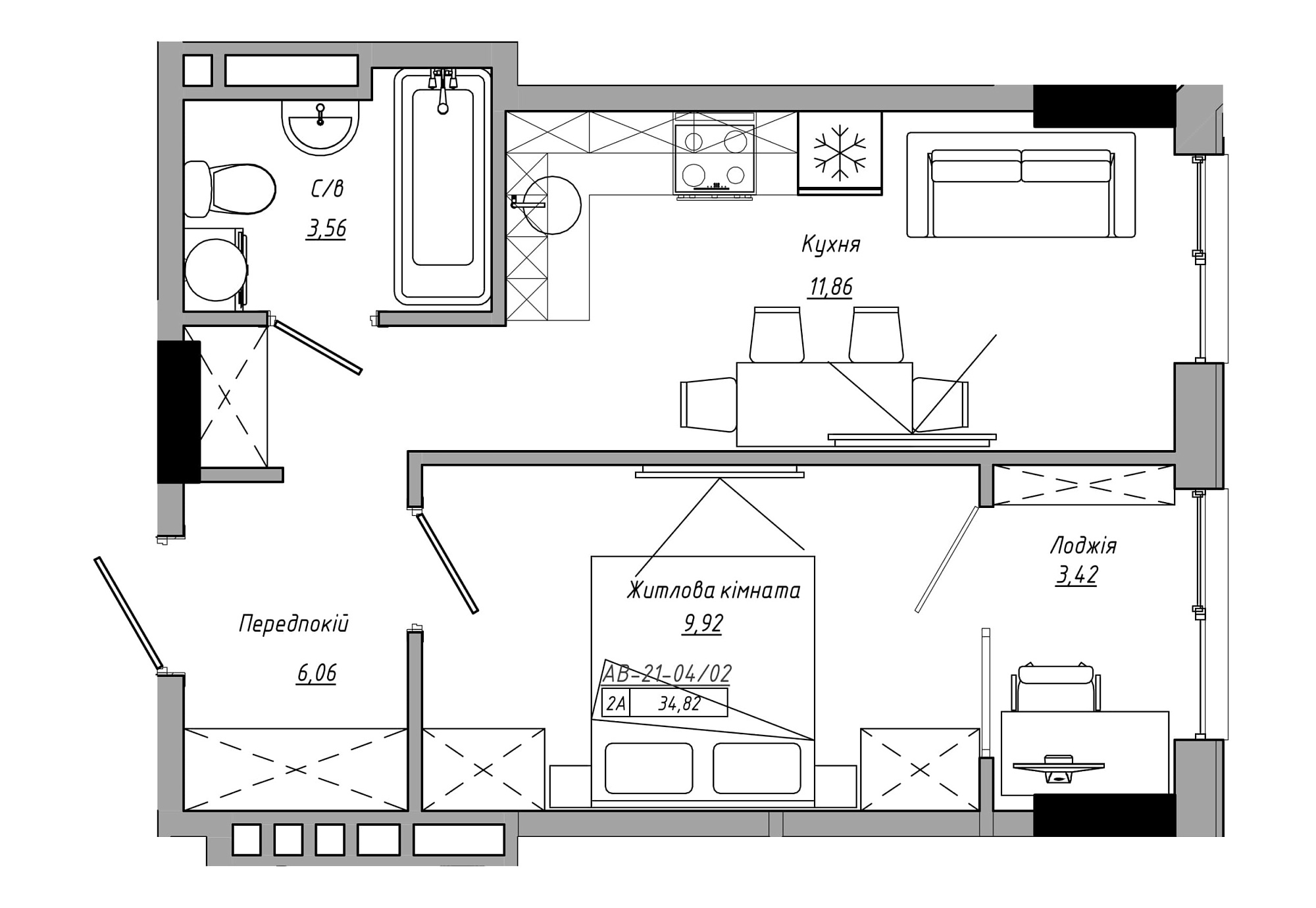 Планування 1-к квартира площею 34.82м2, AB-21-04/00002.