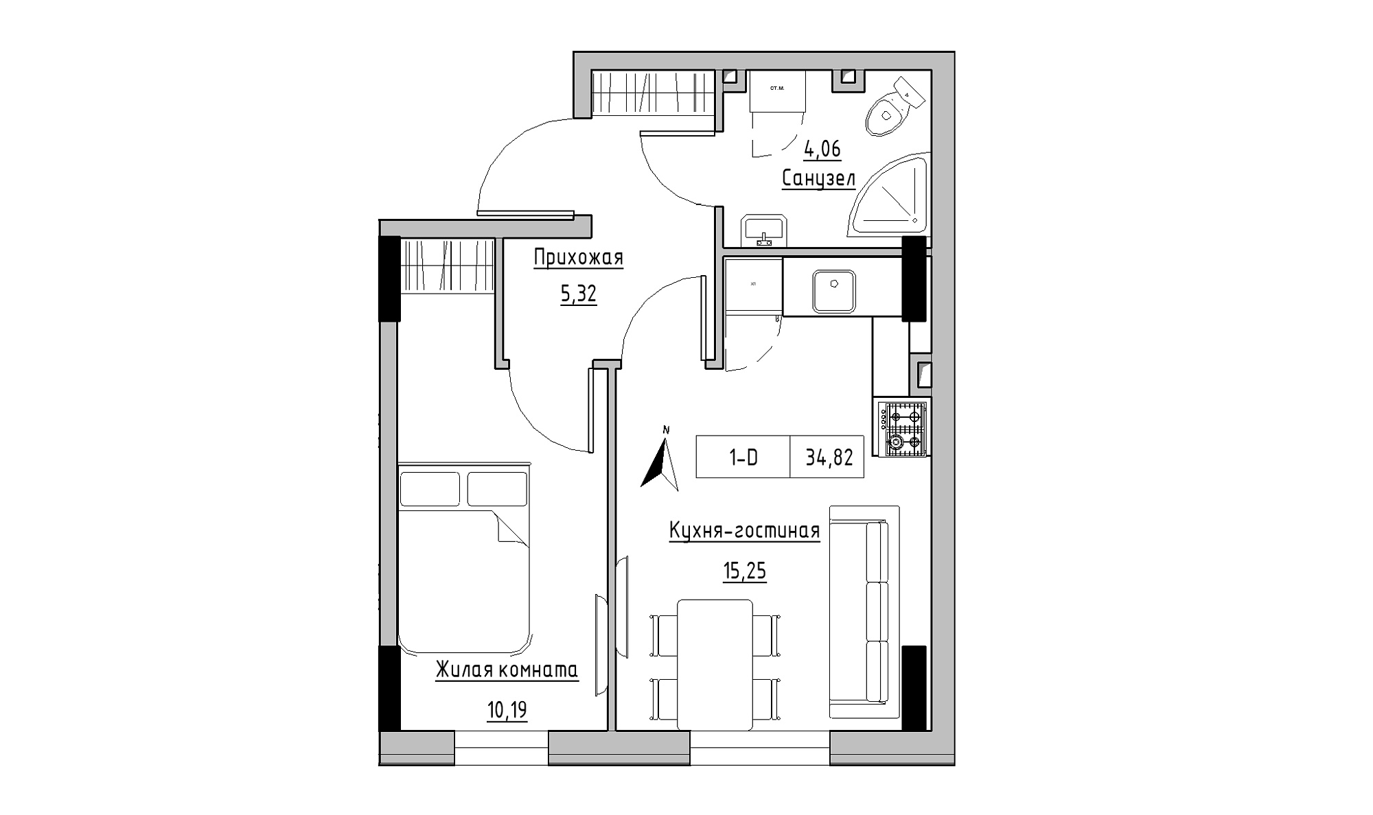 Планировка 1-к квартира площей 34.82м2, KS-025-01/0011.