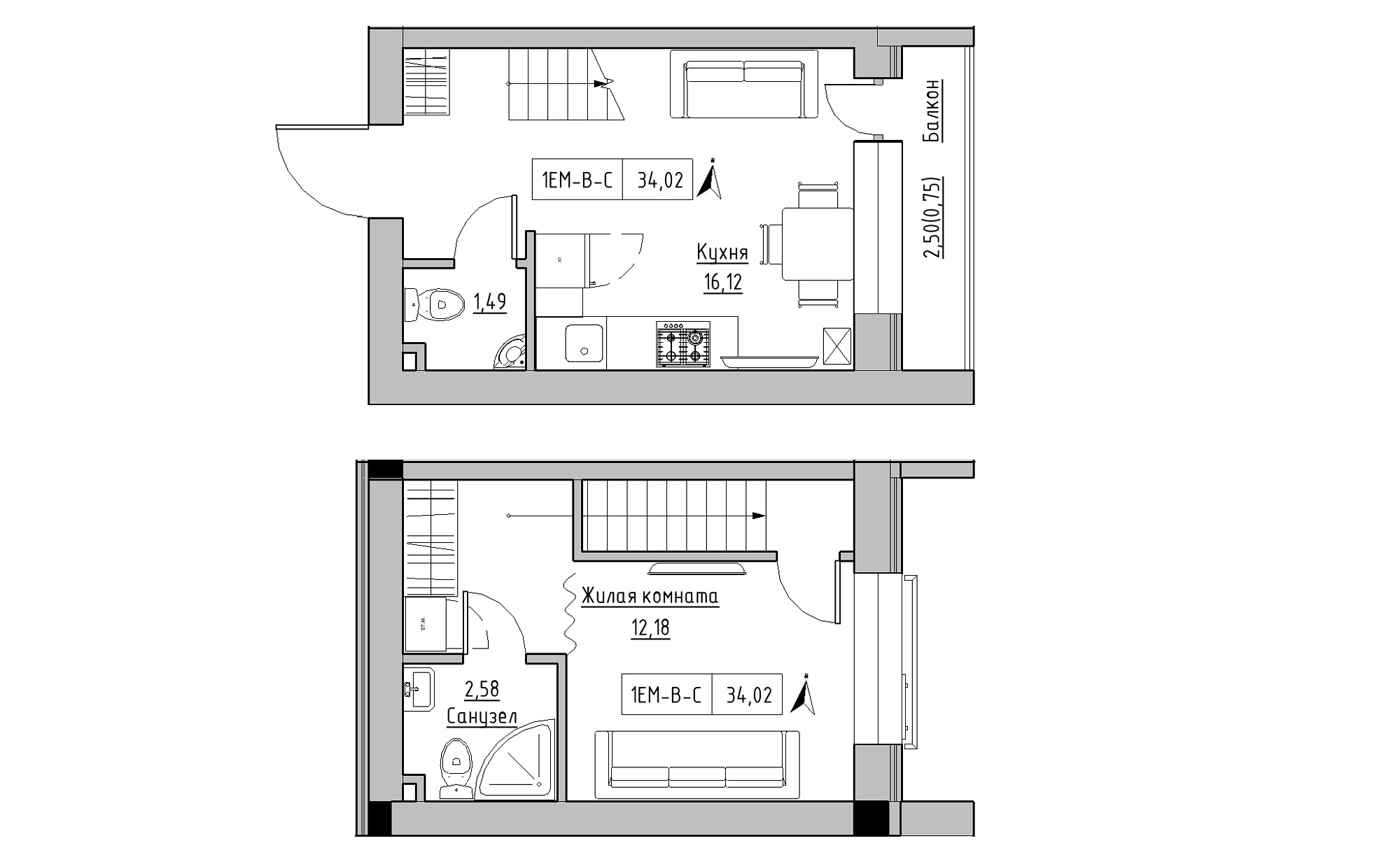 Planning 2-lvl flats area 34.02m2, KS-023-05/0007.