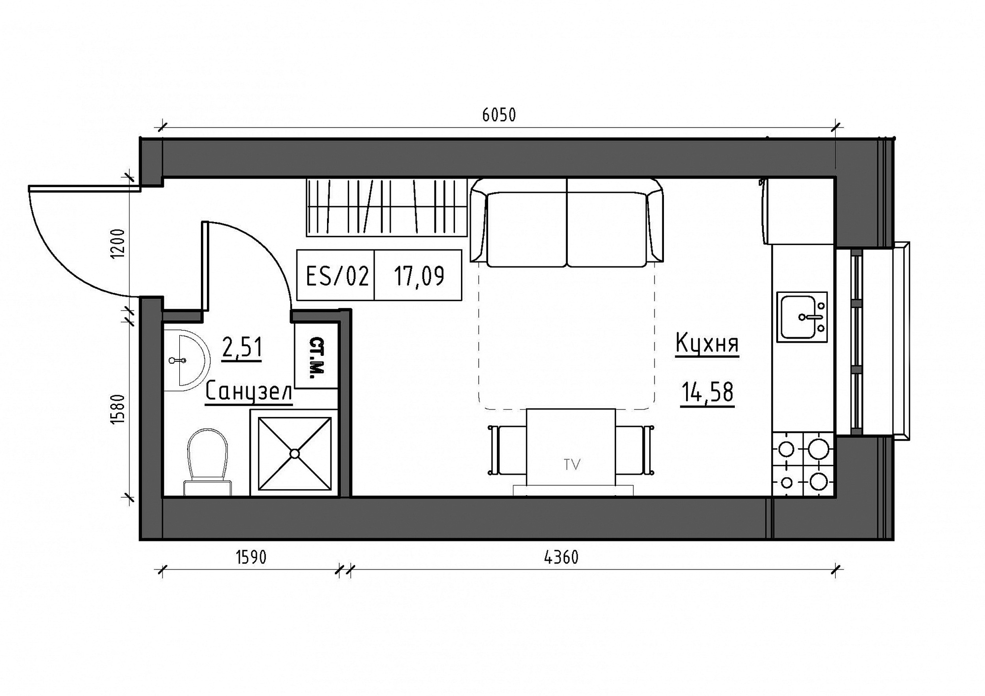 Планування Smart-квартира площею 17.09м2, KS-012-01/0014.