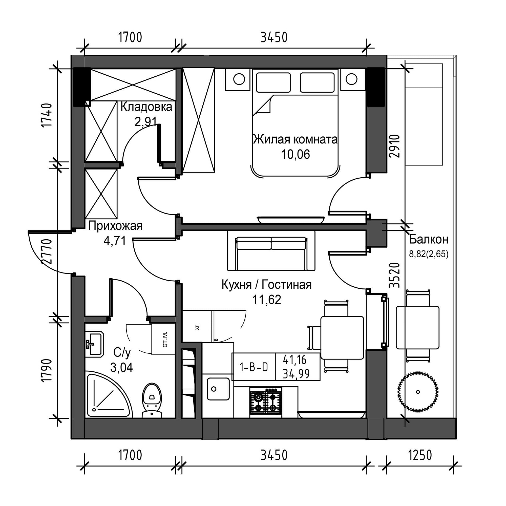 Planning 1-rm flats area 34.99m2, UM-001-08/0024.