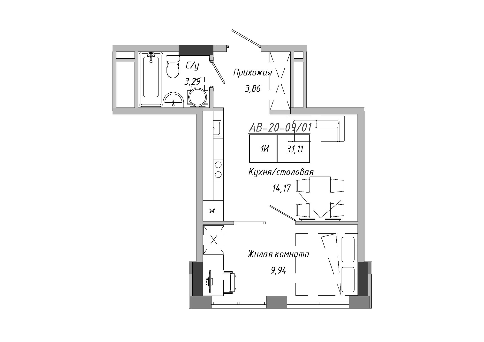Планировка 1-к квартира площей 30.28м2, AB-20-09/00001.