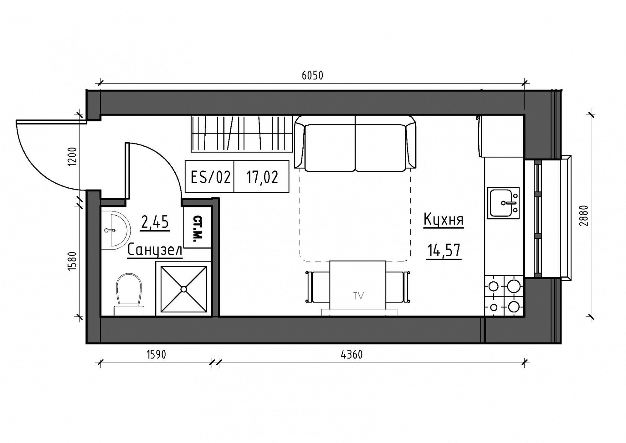 Планування Smart-квартира площею 17.02м2, KS-012-02/0014.